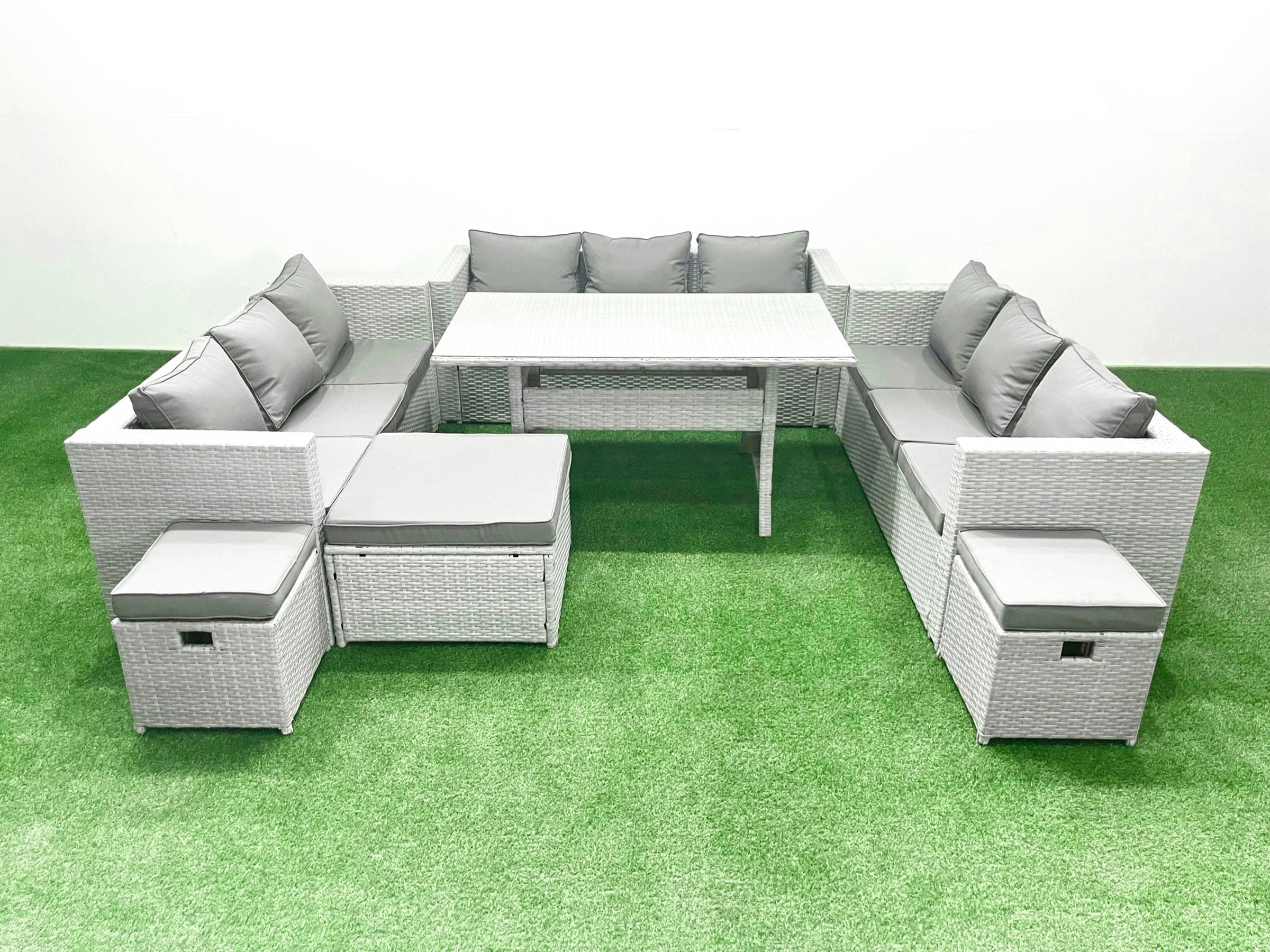 Fimous Light/Grey Rattan Garden Outdoor Furniture Set 12 Seater Garden Sofa Rectangulr Dining Table Set With 3 Footstools Mixed
