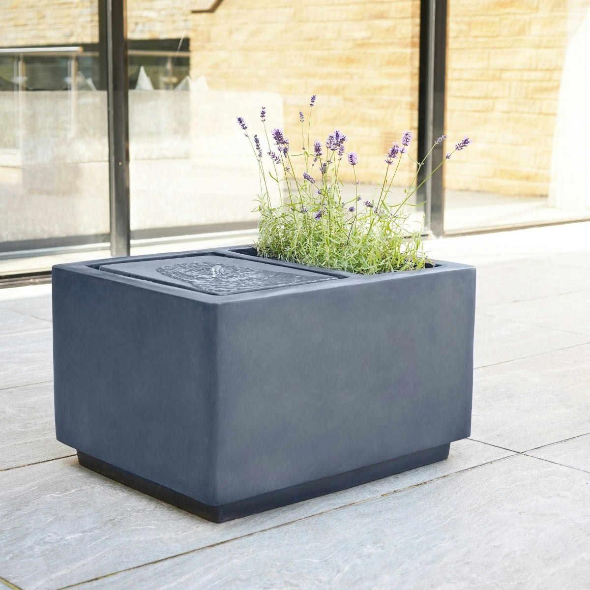 Ivyline Dark Outdoor Contemporary Led Cube Waterfeature With Planter Cement