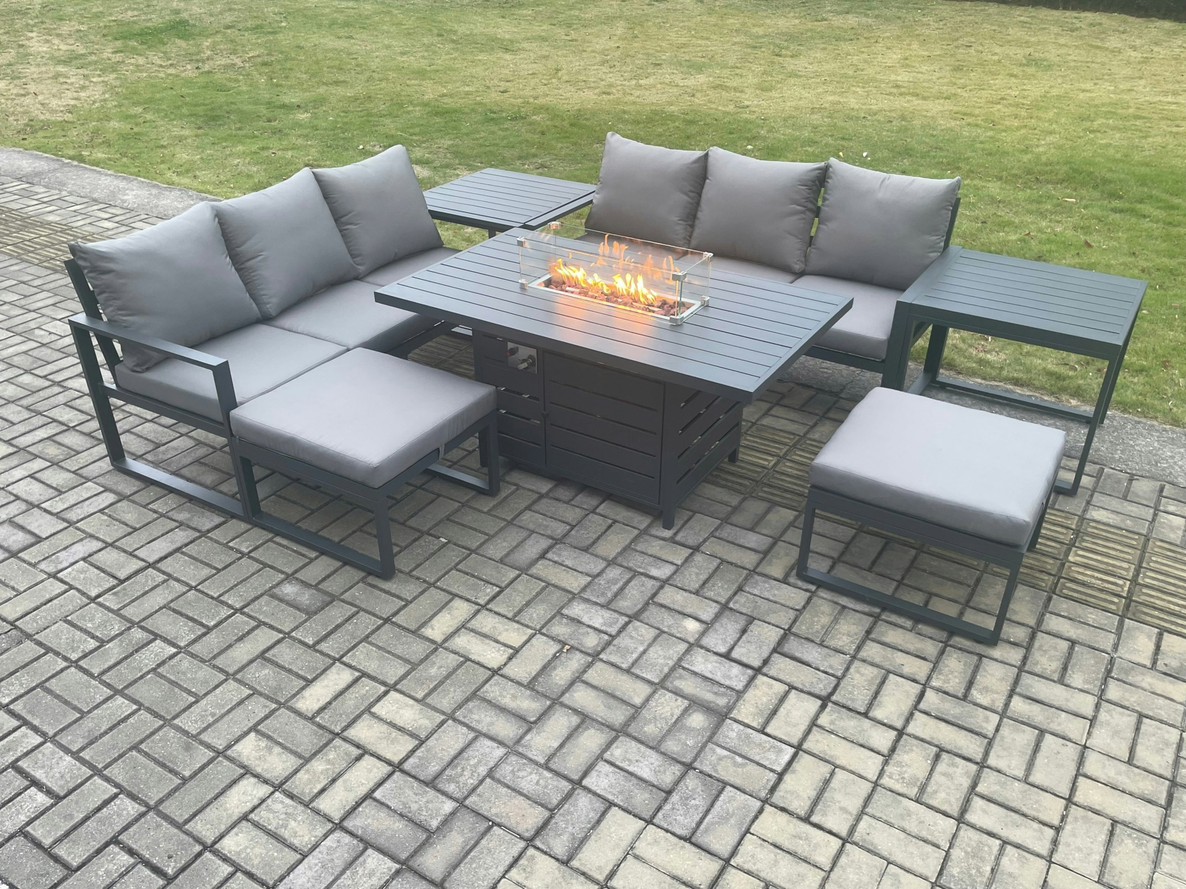 Rackhams Dark/Grey Aluminium Outdoor Lounge Sofa Garden Furniture Sets Gas Fire Pit Dining Table Set With 2 Big Footstools 2 Side Tables