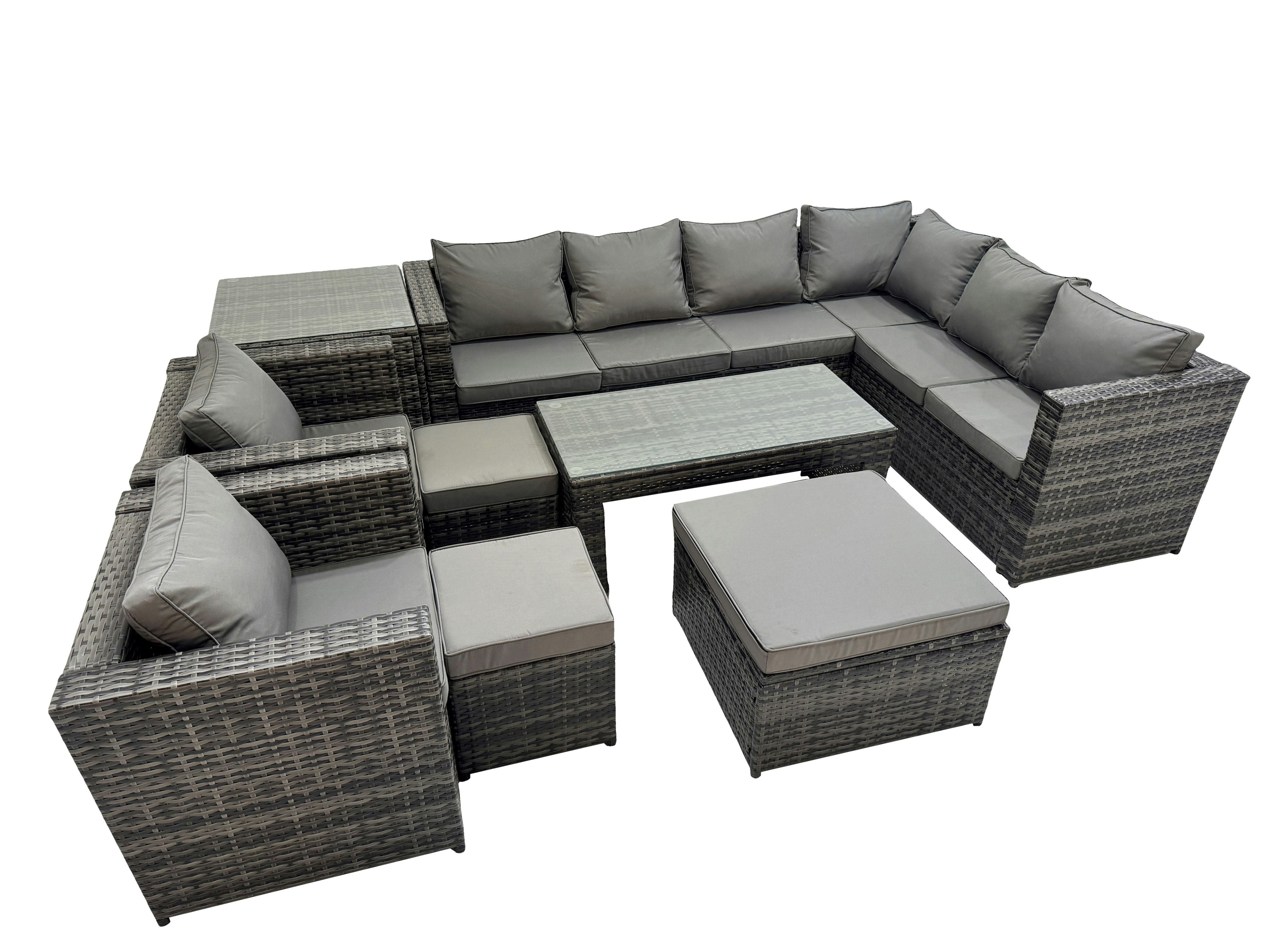 Rackhams Dark/Grey Outdoor Rattan Oblong Coffee Table Corner Sofa Sets Garden Furniture Set With 2 Chairs 3 Stools Side Table Mixed