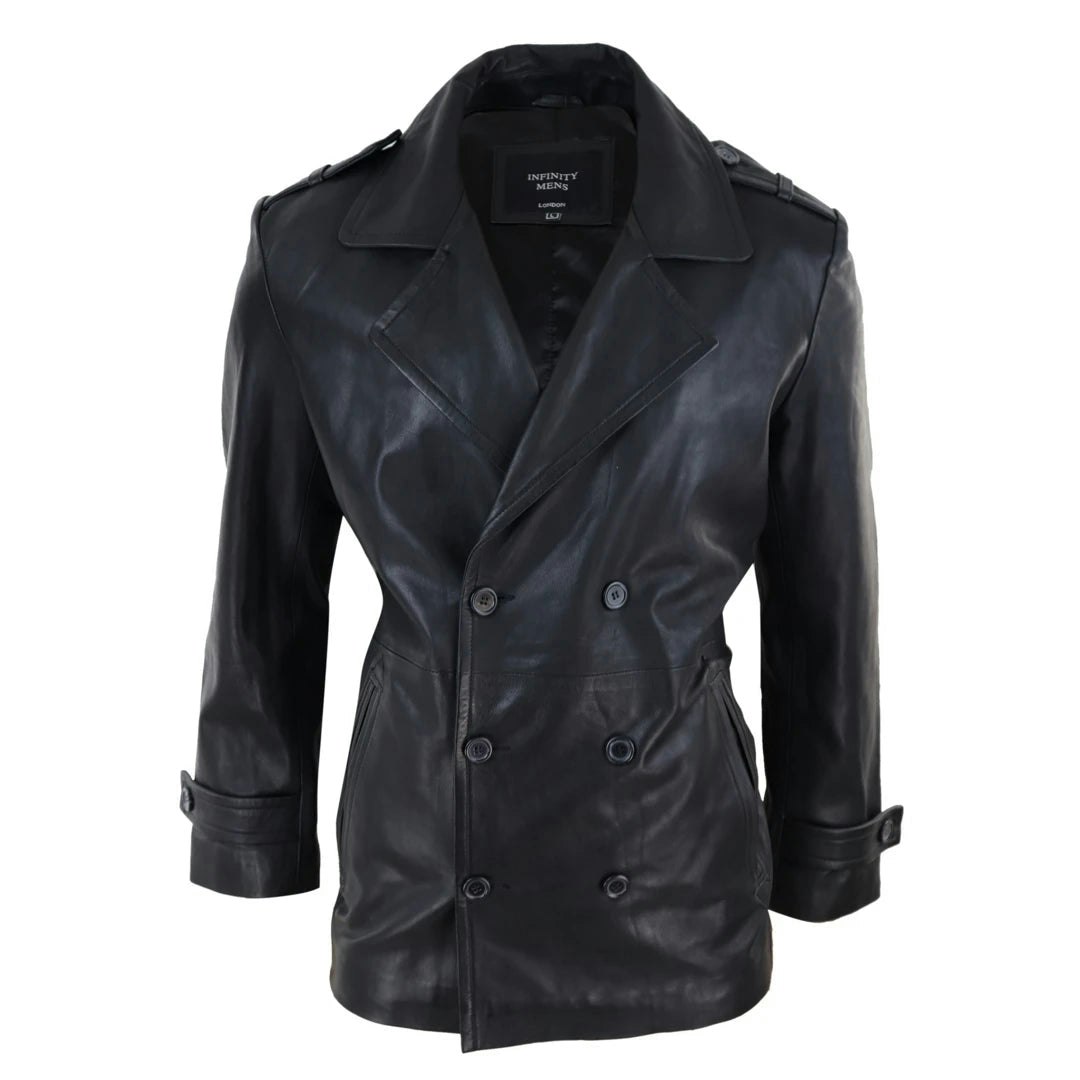 Infinity Leather Men's Black Leather Company Leather 3/4 Double Breasted Pea Coat Sherlock Sailor Classic - 4XL
