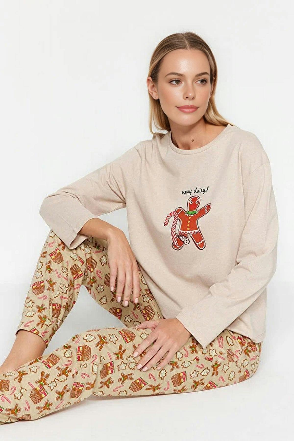 Wovcor Beige 2-Piece 100% Cotton Christmas Themed Knit Pajama Set - S