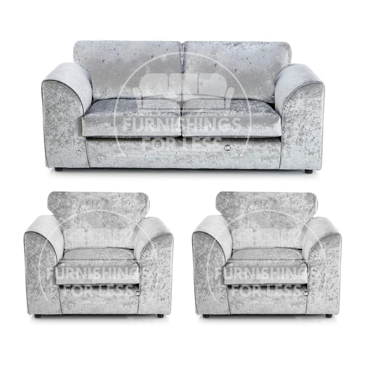 Furnishings For Less Silver Crystal Crushed Velvet 3 Seater And 2 Armchairs Full Back