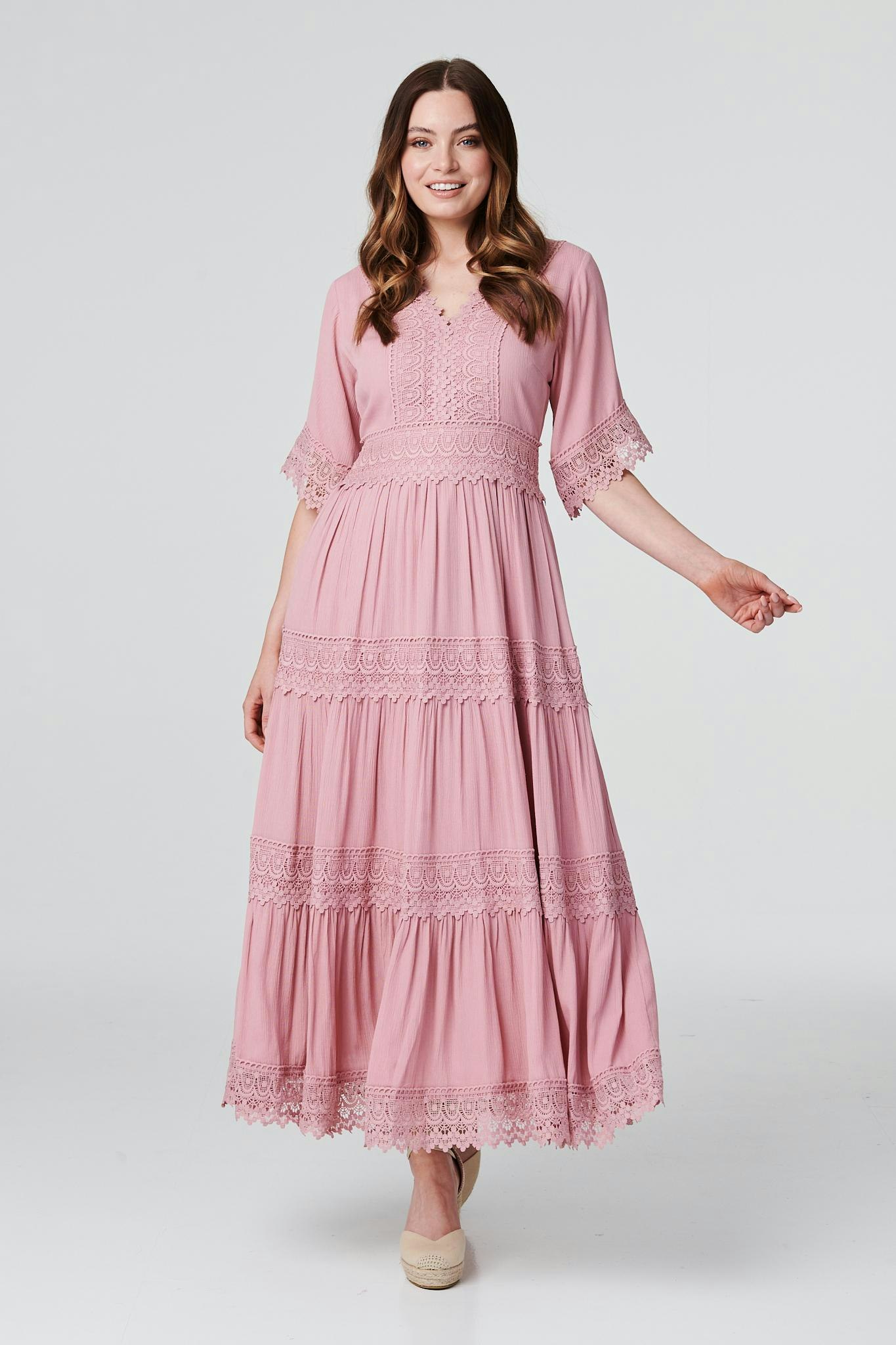 Izabel London Pink Short Sleeve Crochet Maxi Dress - 8
