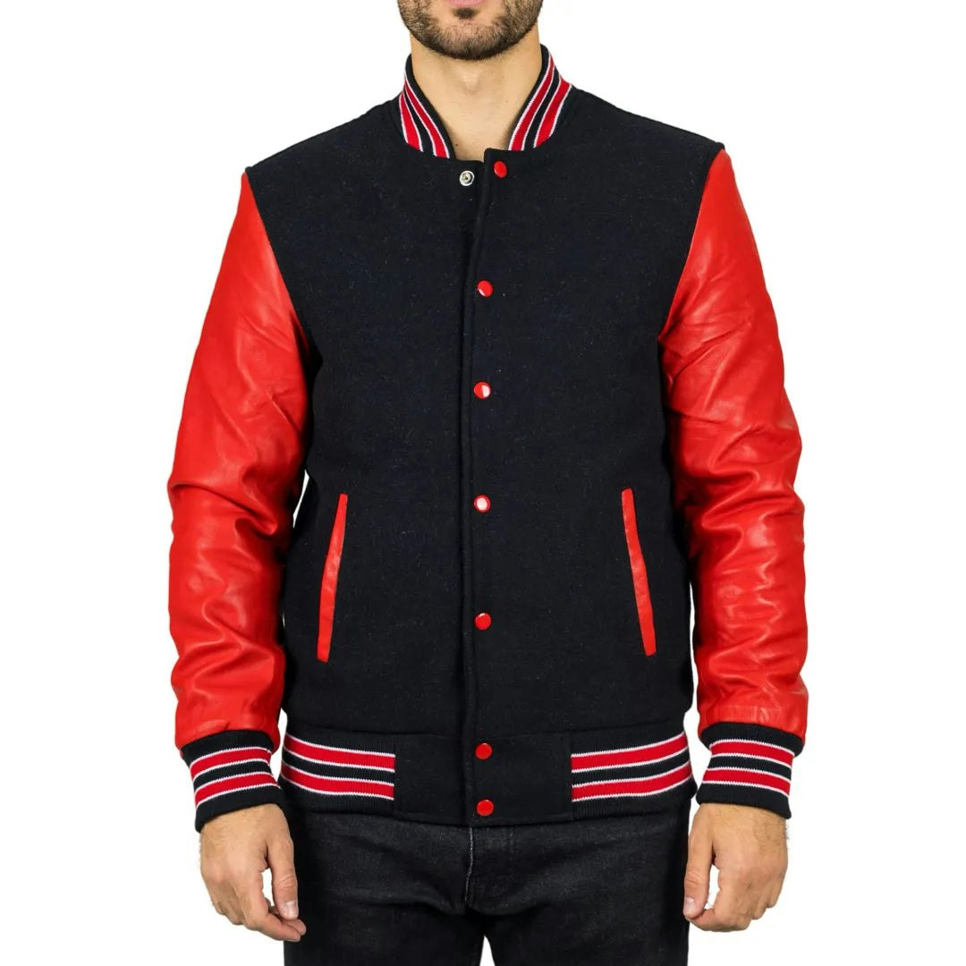 Infinity Leather Men's Black/Red Leather Company Varsity Bomber Jacket - 5XL