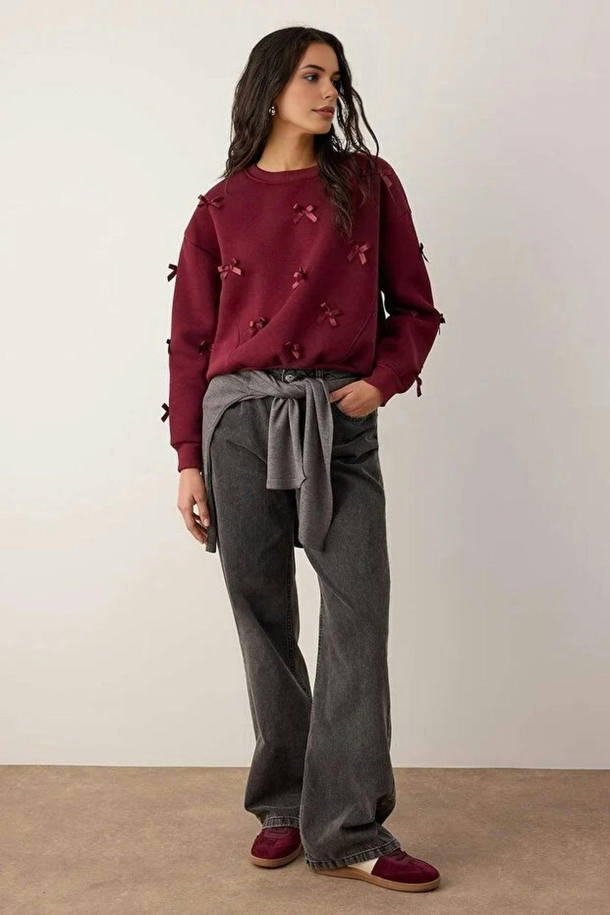 Wovcor Burgundy Thick Fleece Knitted Sweatshirt With Ribbon Detail - S