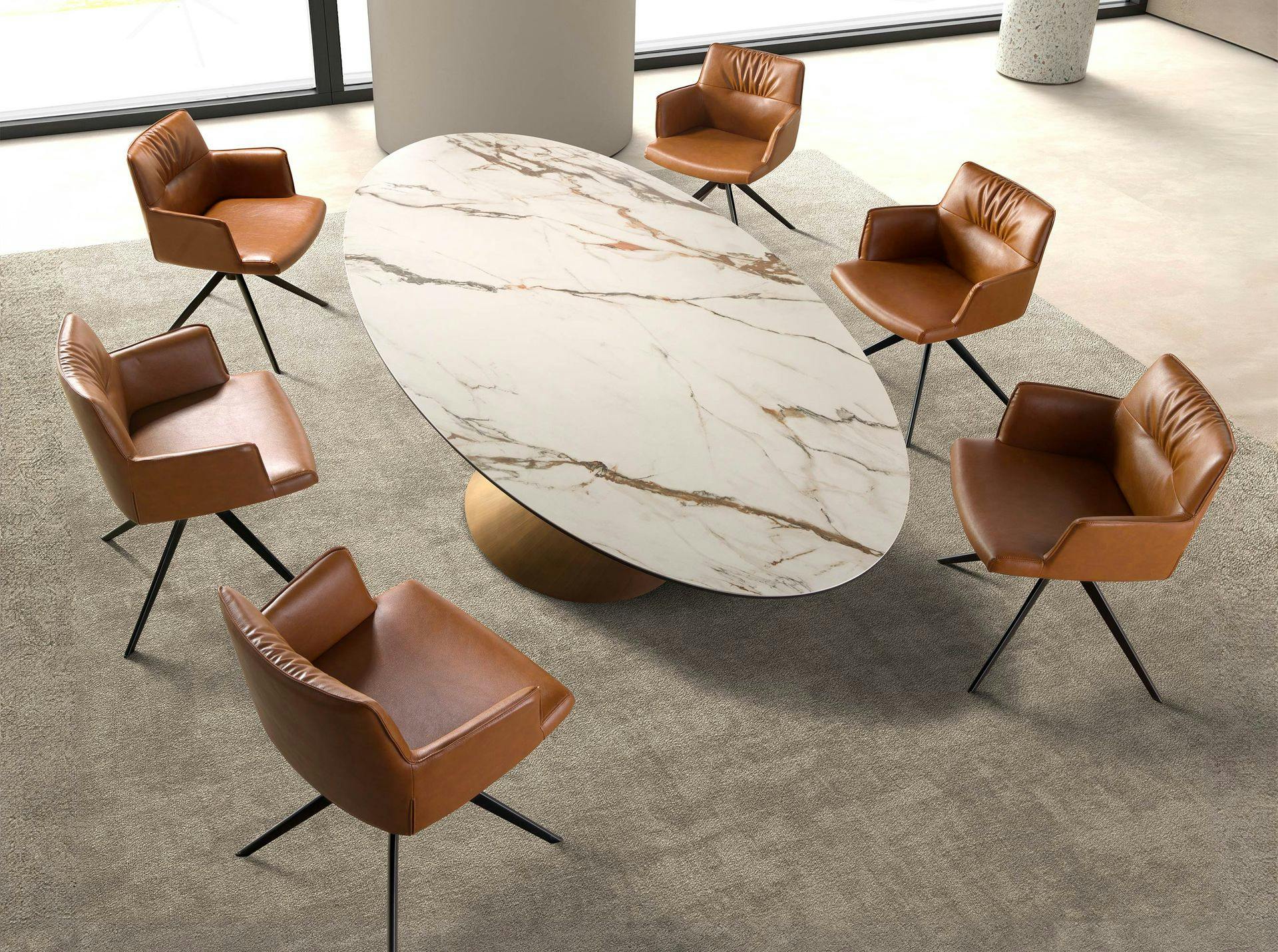 Rackhams Bronze Oval Dining Table With Porcelain Marble And -Coloured Steel Barrel 1160