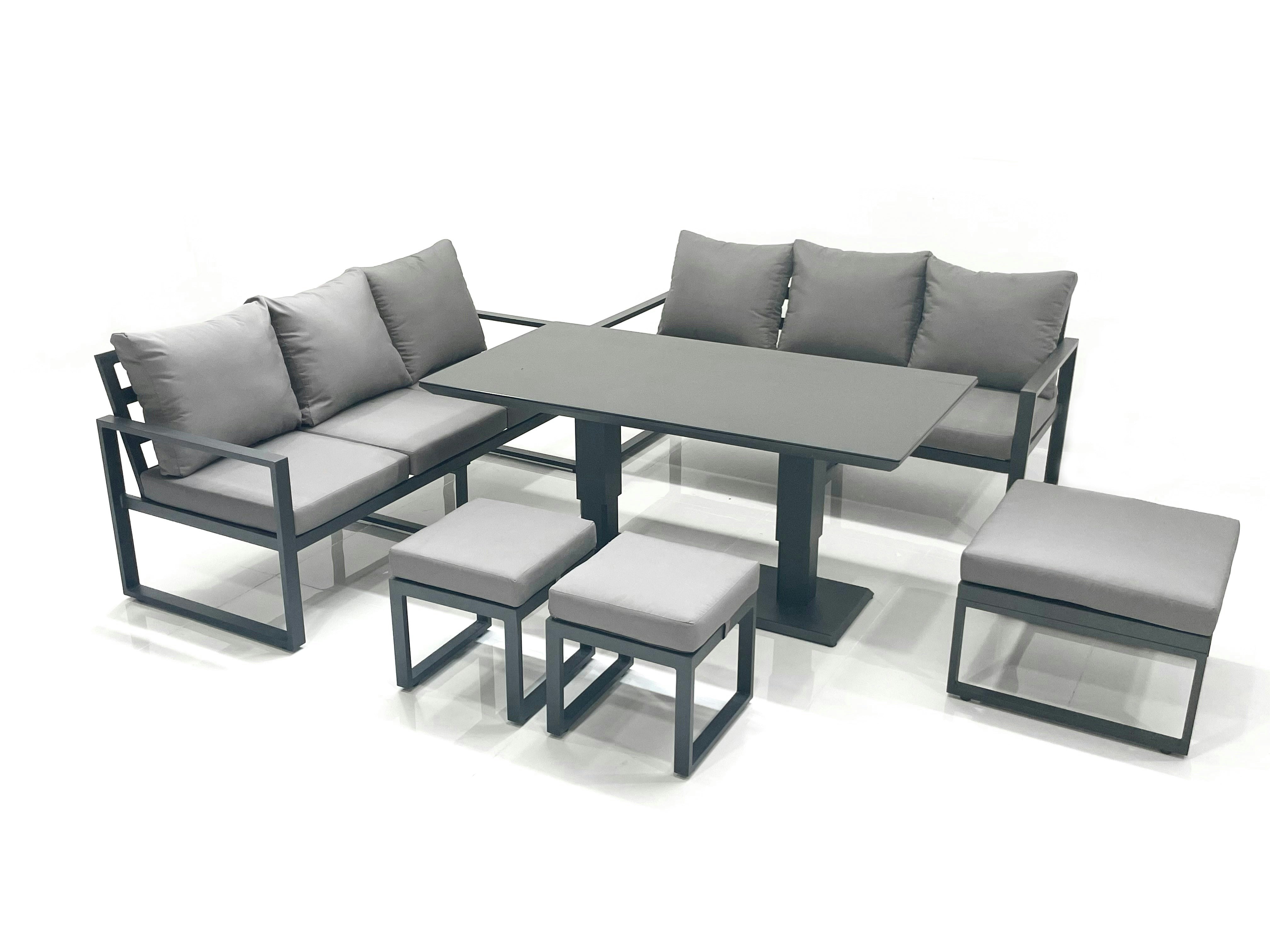 Rackhams Dark/Grey 9 Seater Aluminium Outdoor Garden Furniture Set With Adjustable Rising Lifting Dining Table 3 Seater Sofa 3 Footstools
