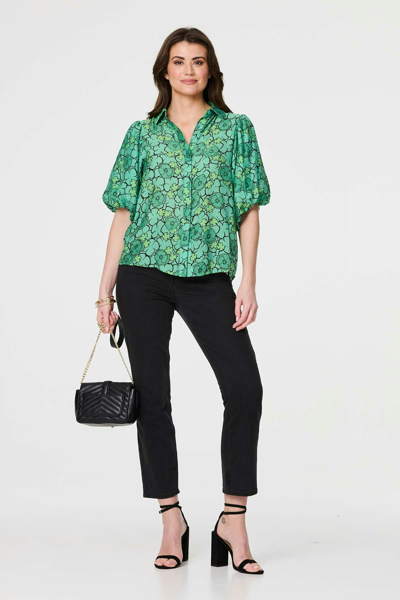 Izabel London Green Leaf Print 1/2 Puff Sleeve Blouse - 12