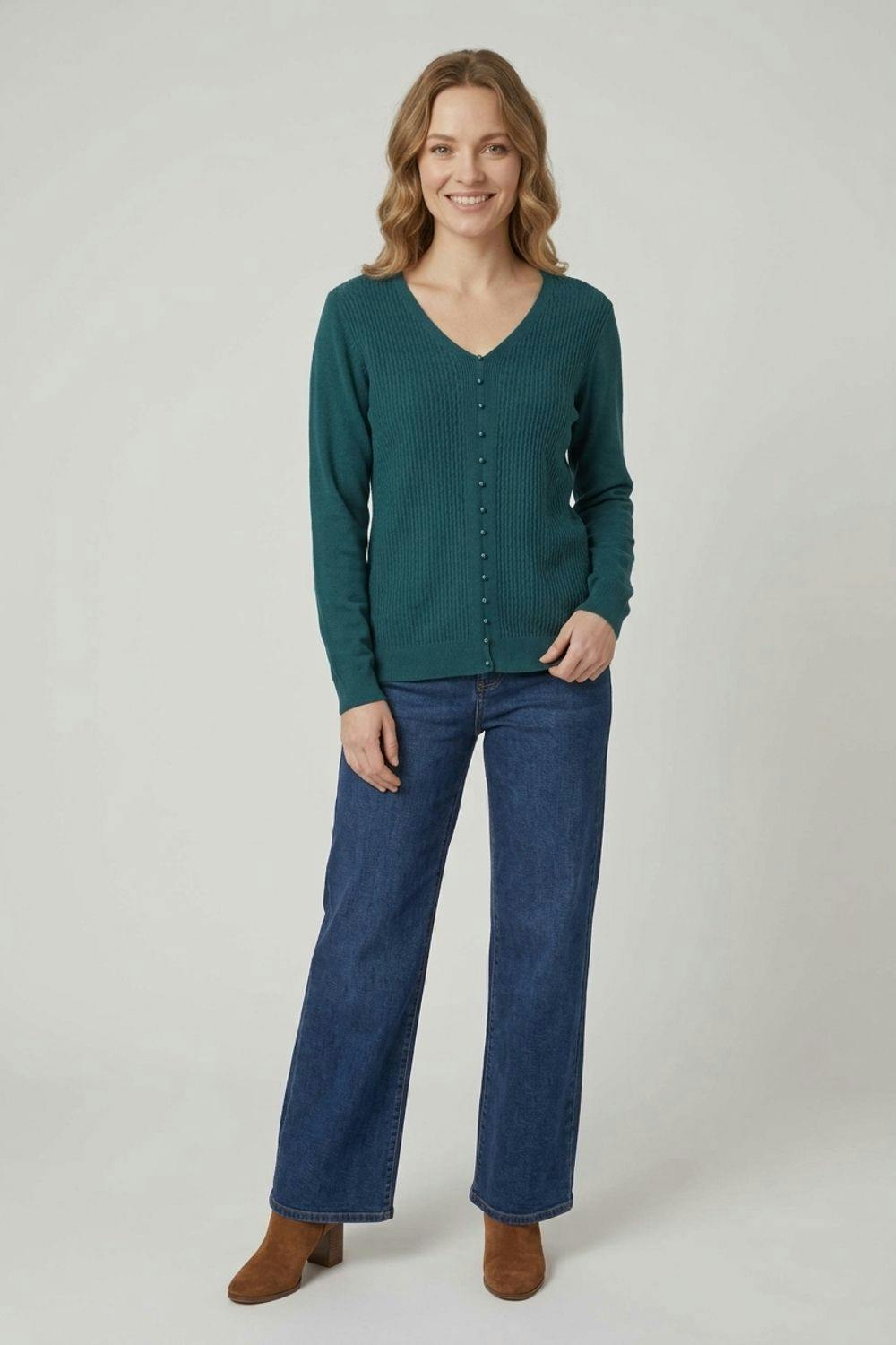Izabel London Textured Pearl Detail V-Neck Knit Top - 8 - Teal