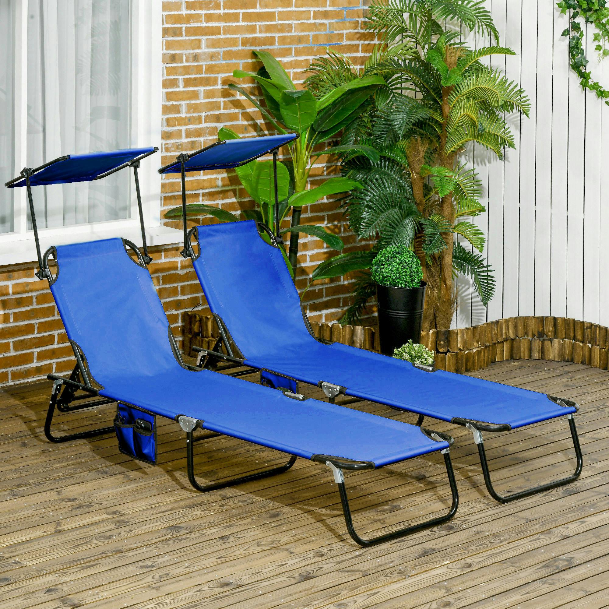 Rackhams Black/Blue 2 Piece Folding Sun Loungers With Adjustable Backrest, Sunshade,