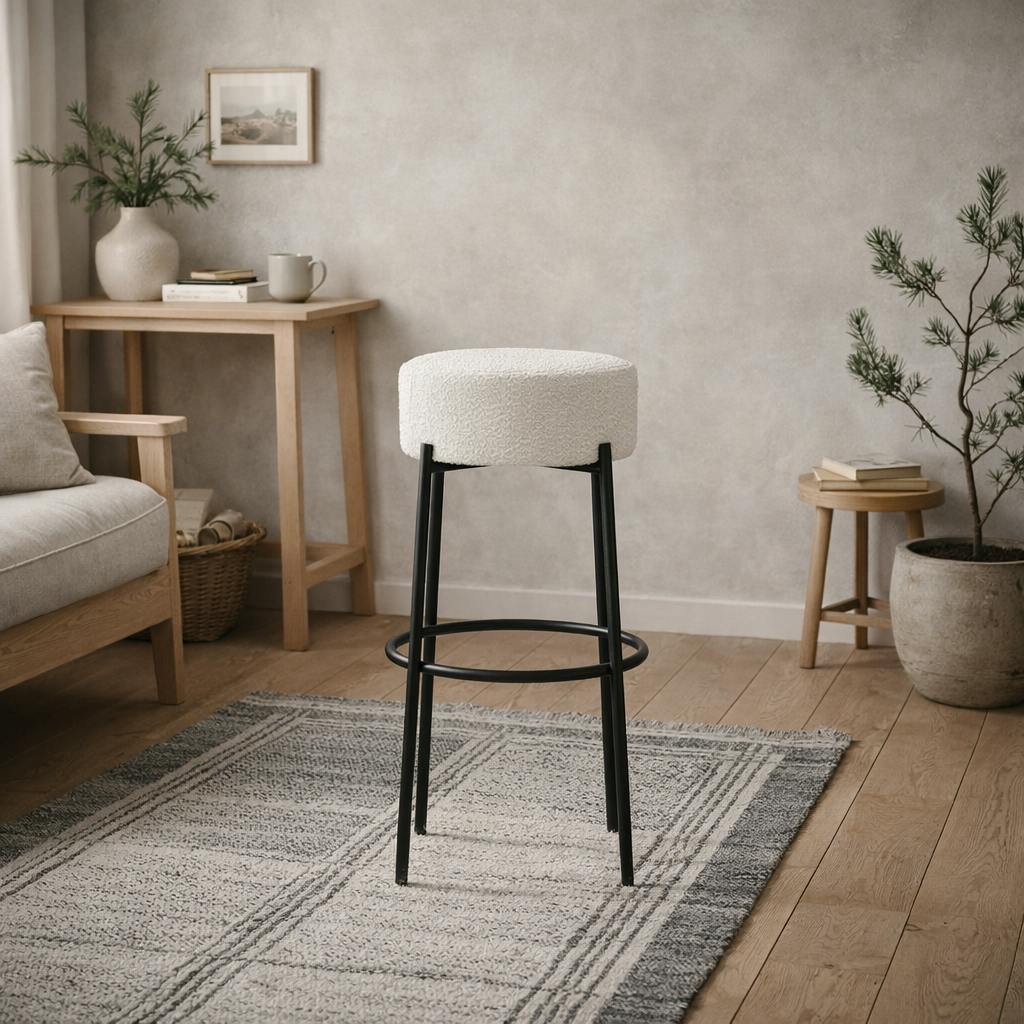 Rackhams Ivory/Black Tanji Boucle Round Bar Stool Metal Legs