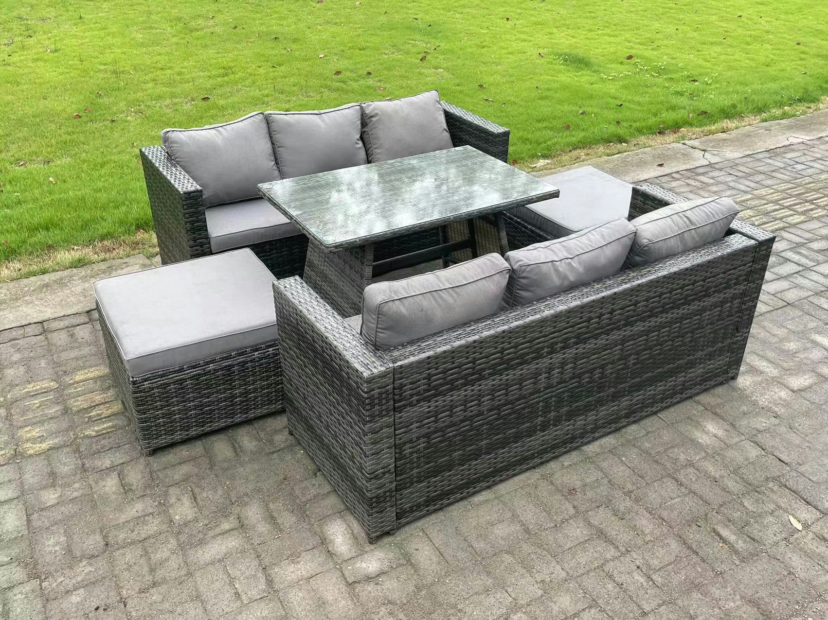 Rackhams Dark/Grey 7 Seater Rattan Outdoor Furniture Sofa Garden Dining Set With Oblong Dining Table Big Footstool Mixed