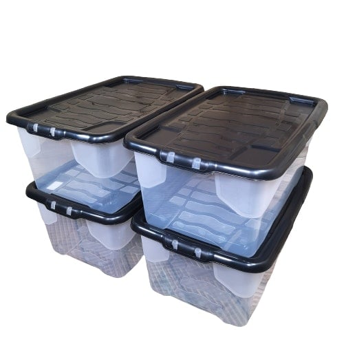 Samuel Alexander Black 4 X 42L Clear Storage Box With Lid, Stackable And Nestable Design Storage Solution
