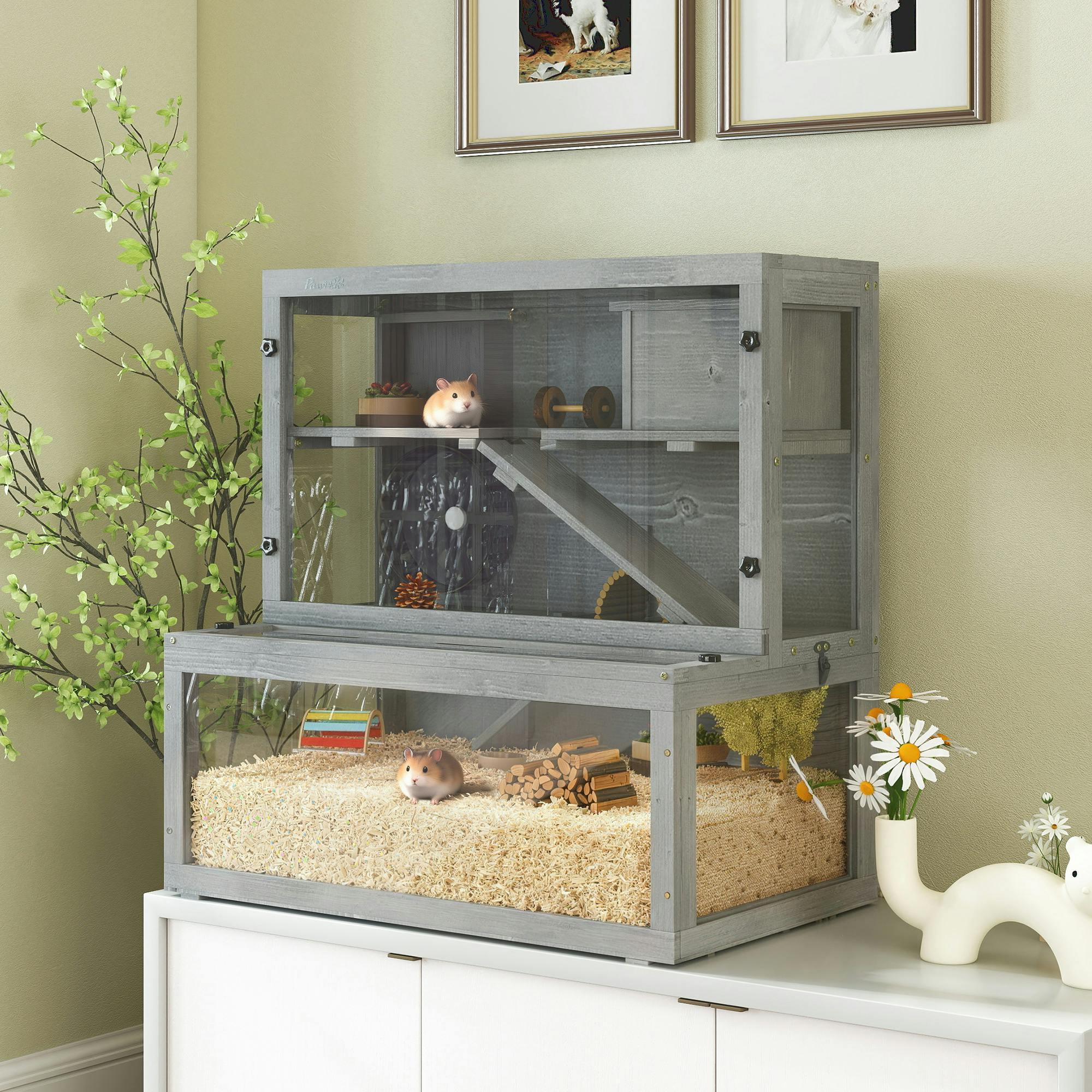 Pawhut 3 Tier Wooden Hamster Cage With Hut, Wheel, Ramps, 80 X 50 X 84 Cm