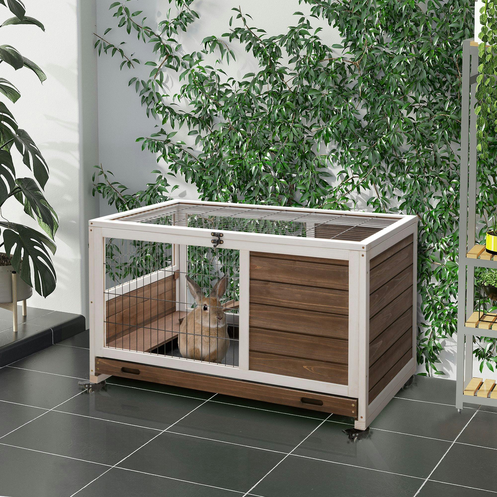 Pawhut Brown Wooden Guinea Pig Hutch 2-Floor Design W/ Wheels,