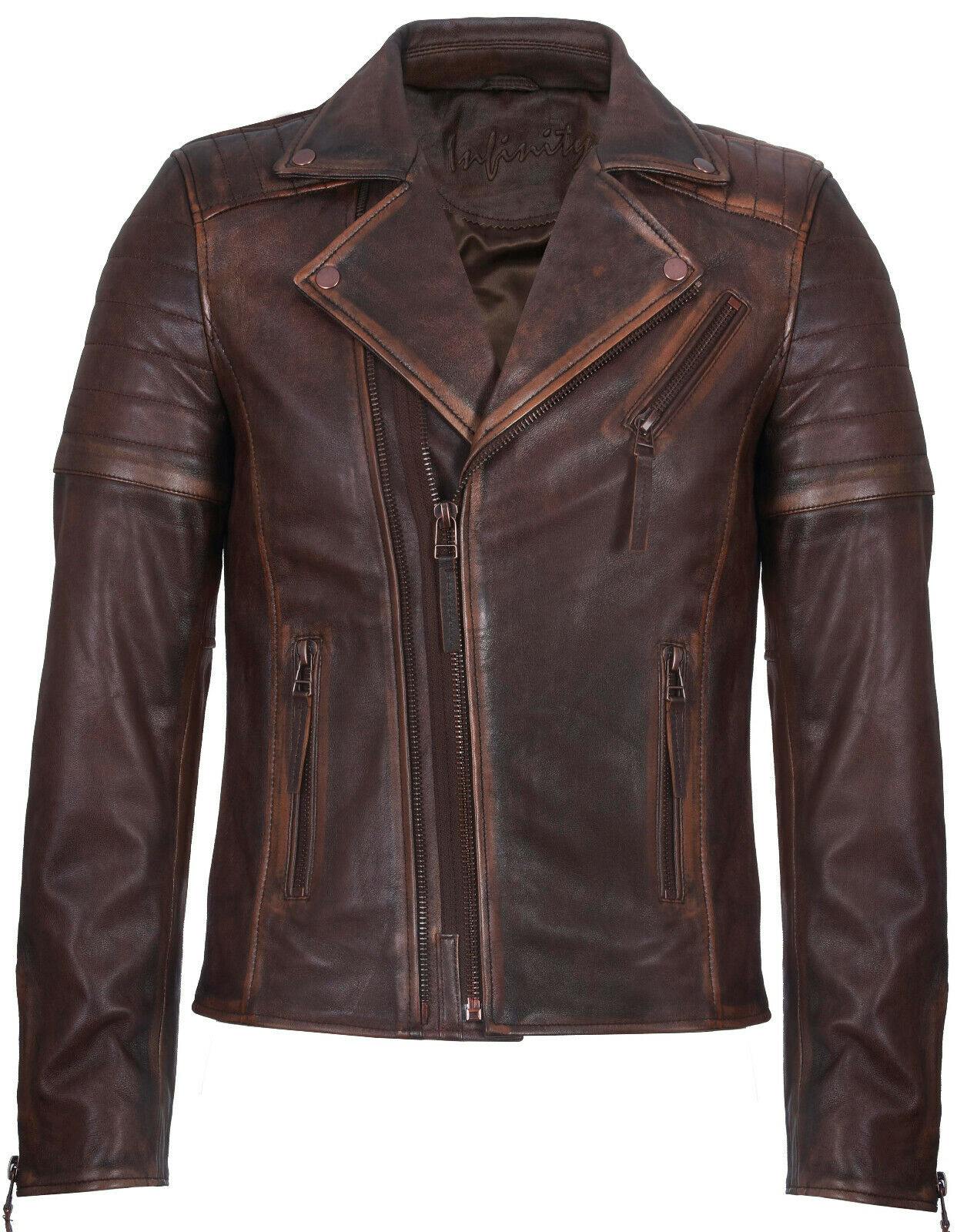 Infinity Leather Men's Brown Slim Fit Brando Style Cross Zip Leather Biker Jacket - Uk 2XL | Eu 54 | Us 44