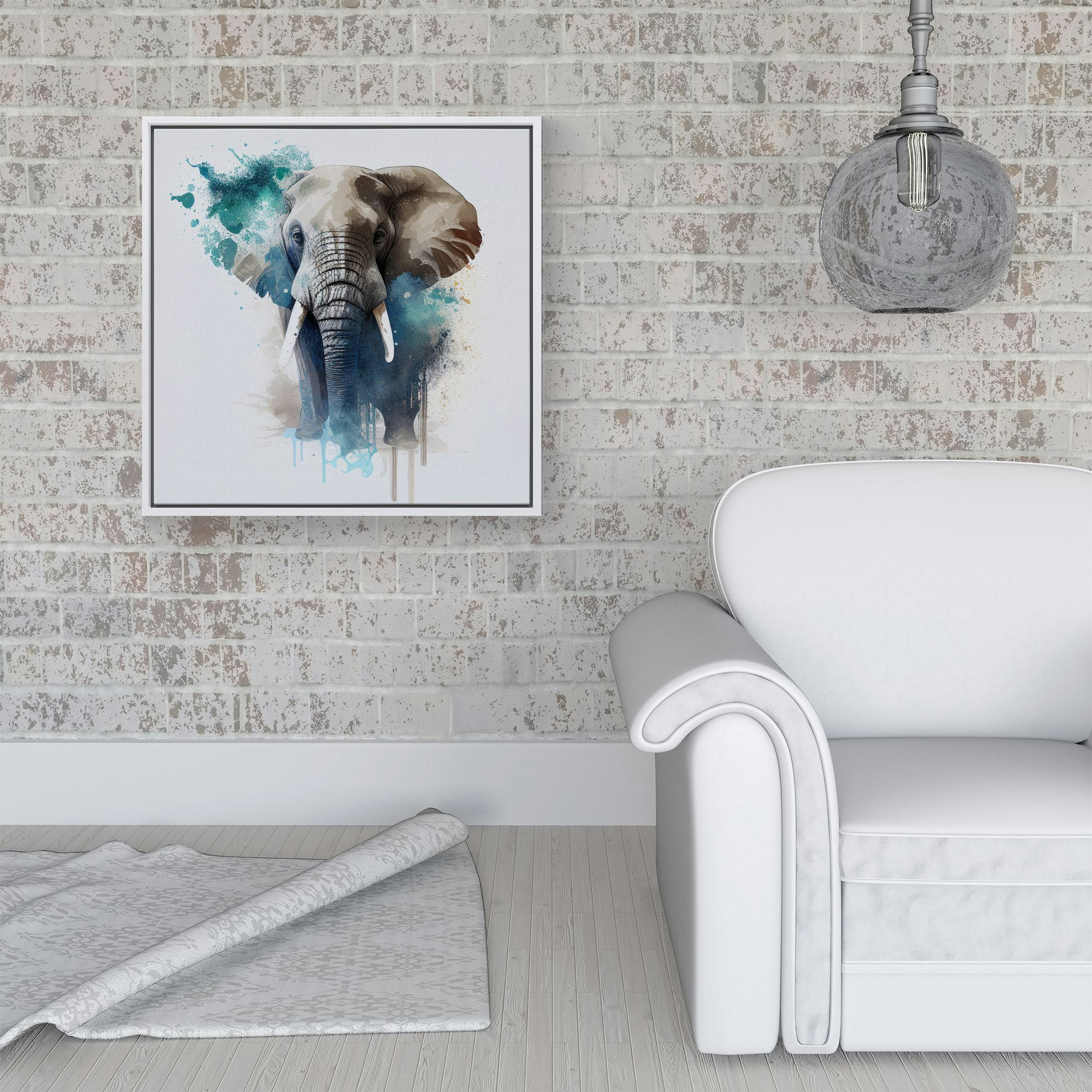 Rackhams White Majestic Elephant Splash Art Framed Canvas - 16" X 16"