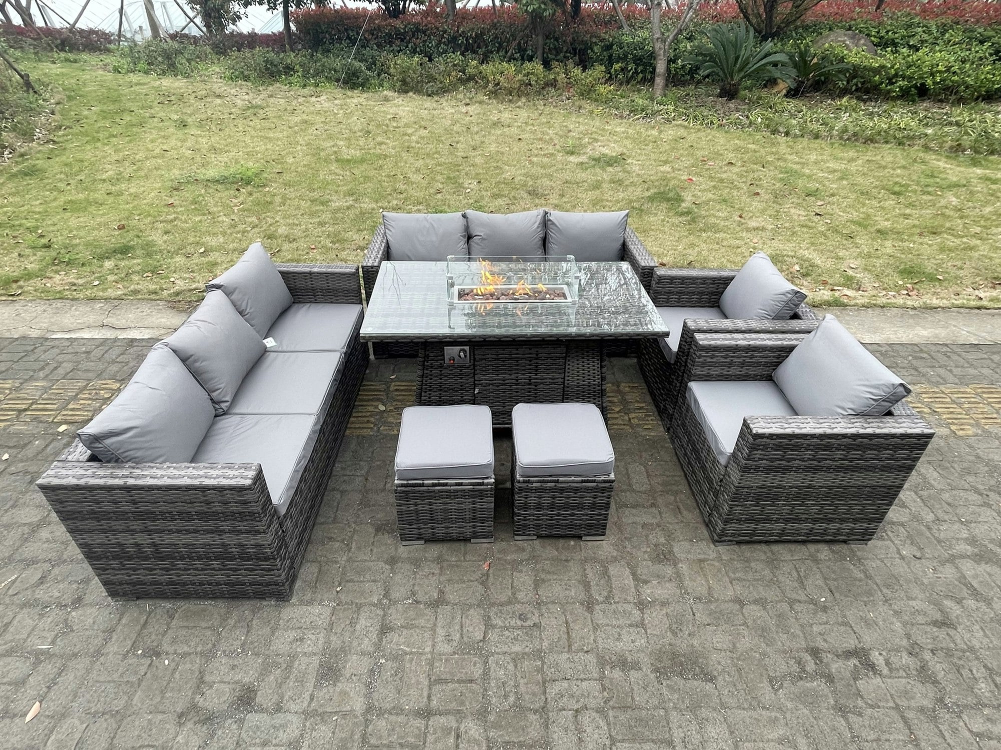 Fimous Dark/Grey 10 Seater Outdoor Pe Rattan Garden Furniture Gas Fire Pit Dining Table Set Lounge Sofa 2 Pc Armchairs With 2 Stools Mixed Patio
