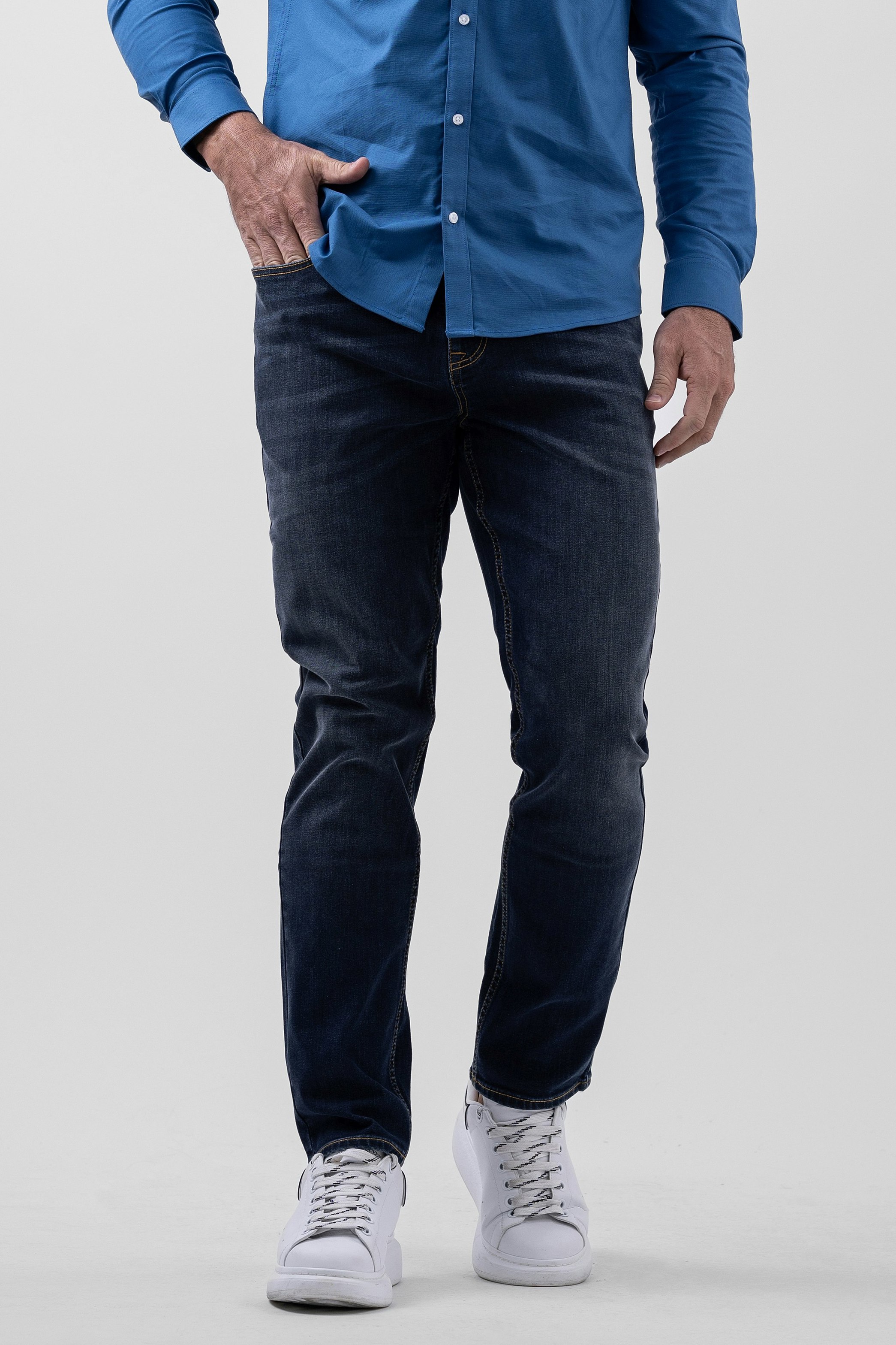 Enorsia Men's Blue Essential Super Stretch Regular Fit Jeans - 36 - 79% Cotton,18.8% Polyester, 2.2% Elastane - Deep
