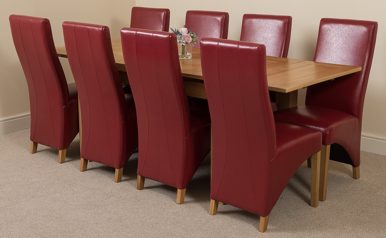 That's Furniture Burgundy Richmond Medium Oak Extendable Dining Table With Lola Leather Chairs - 8 Chairs