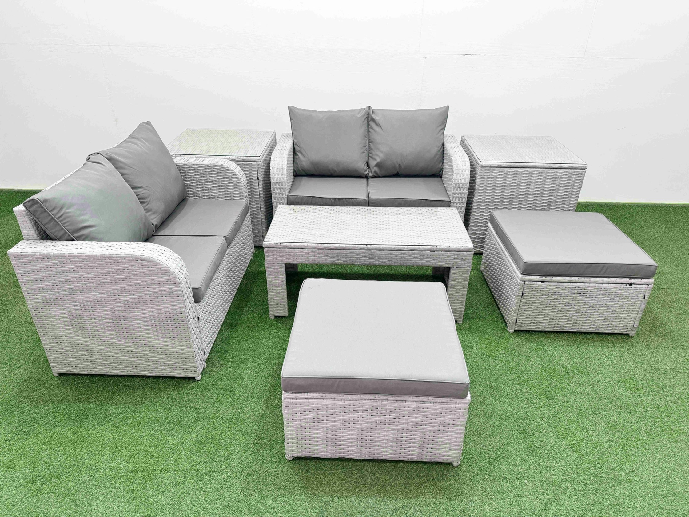 Rackhams Light/Grey 6 Seater Outdoor Love Sofa Set Rattan Garden Furniture Set With Oblong Coffee Table 2 Footstool 2 Side Tables