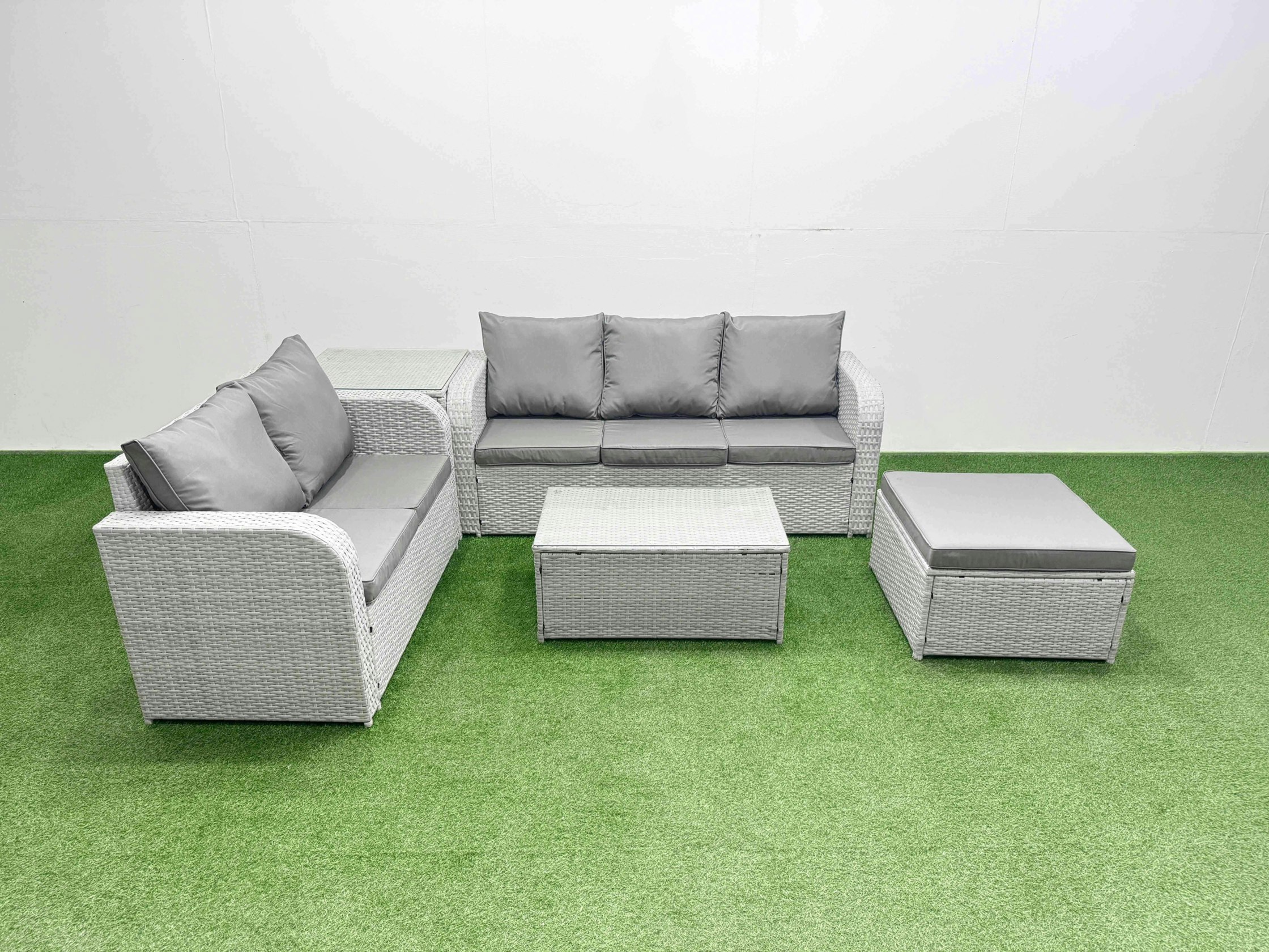 Fimous Light/Grey/Dark 6-Seater Rattan Outdoor Sofa Set | Rectangular Coffee Table, 3-Seater Sofa, Loveseat, Large Footstool, Side Table