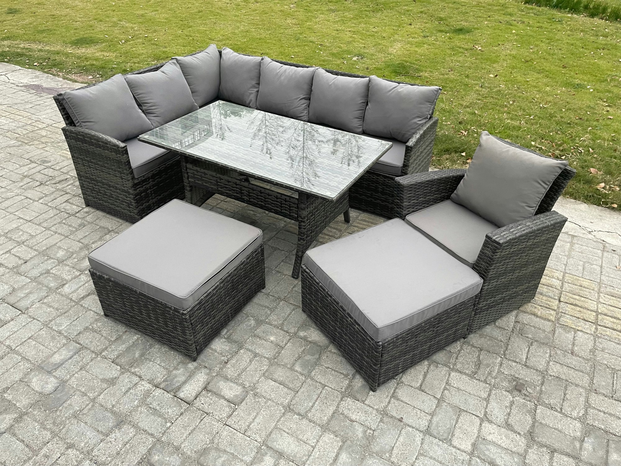 Rackhams Dark/Grey 9 Seater Mixed Rattan Outdoor Corner Sofa Set - Rectangular Dining Table, 2 Footstools & Armchair