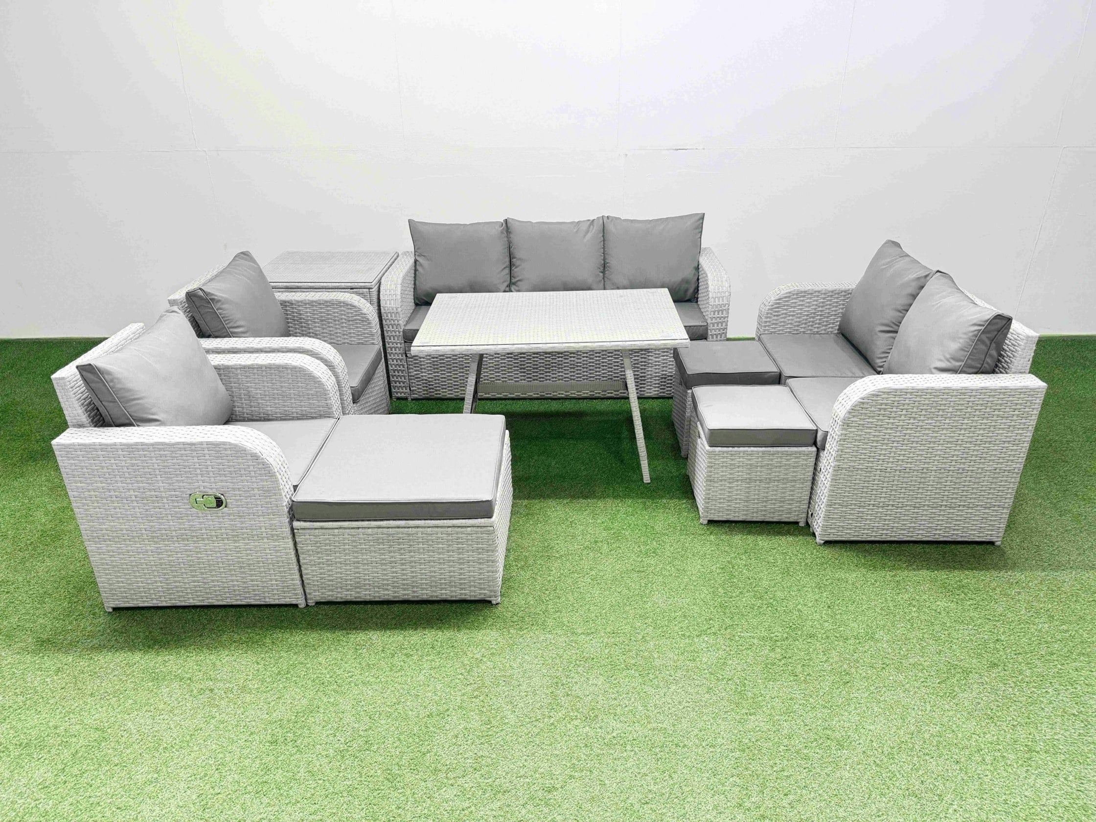 Rackhams Light/Grey Pe Rattan Garden Furniture Set Outdoor Rectangular Dining Table Sofa Set With Reclining Chair 3 Stool Side Table