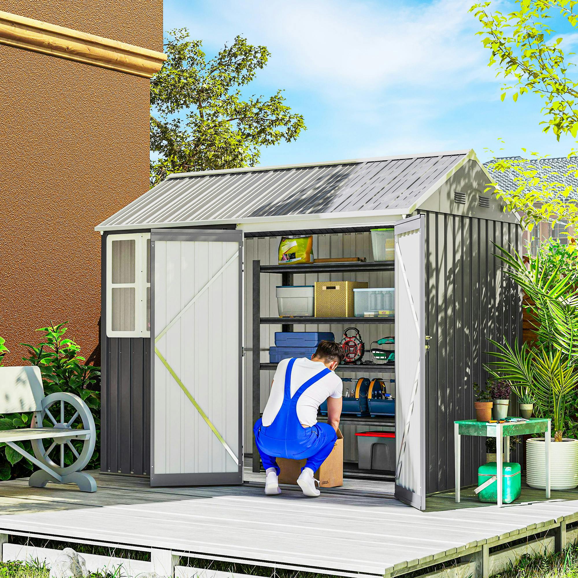 Rackhams Grey 8X6ft Metal Garden Shed Outdoor Storage Shed W/ Doors Window,
