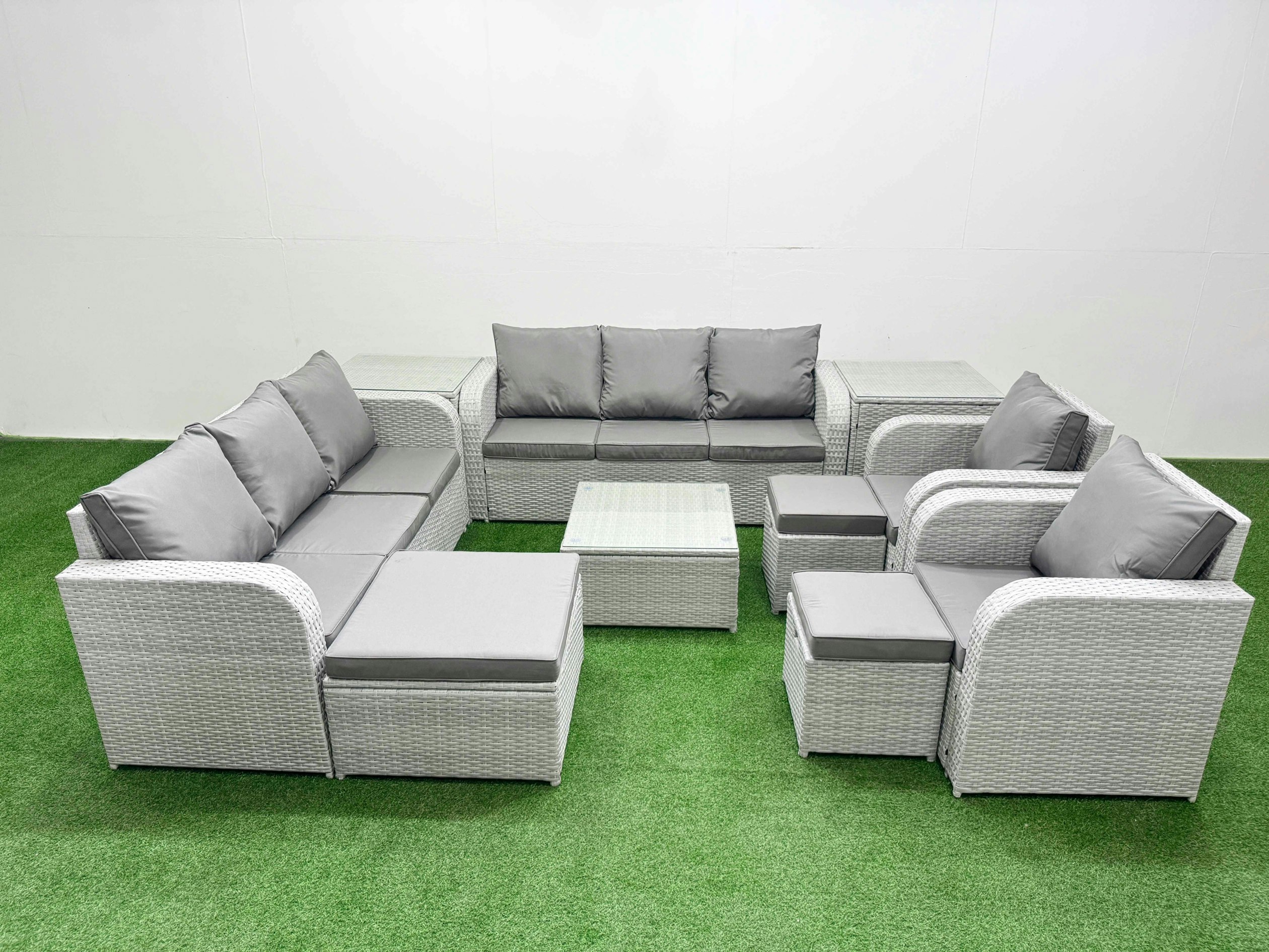 Rackhams Light/Grey Pe Rattan High Back Lounge Sofa Set Patio Square Coffee Table & Chairs Set With 3 Seater Sofa Reclining Chair 3 Stools 2 Side Table