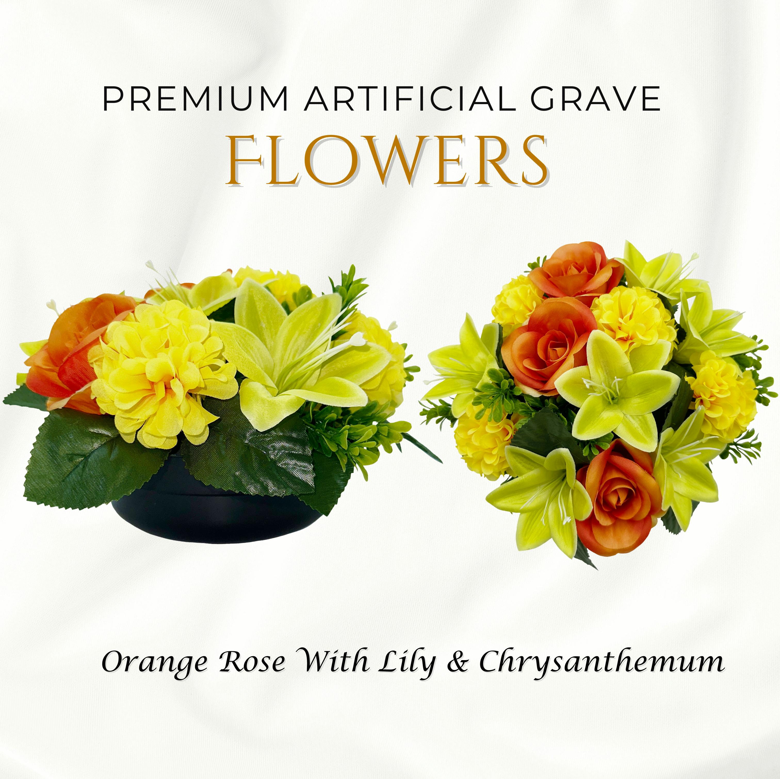 Rackhams Orange Premium Artificial Grave Flowers – 24Cm Rose With Lily & Chrysanthemum | Weighted Pot