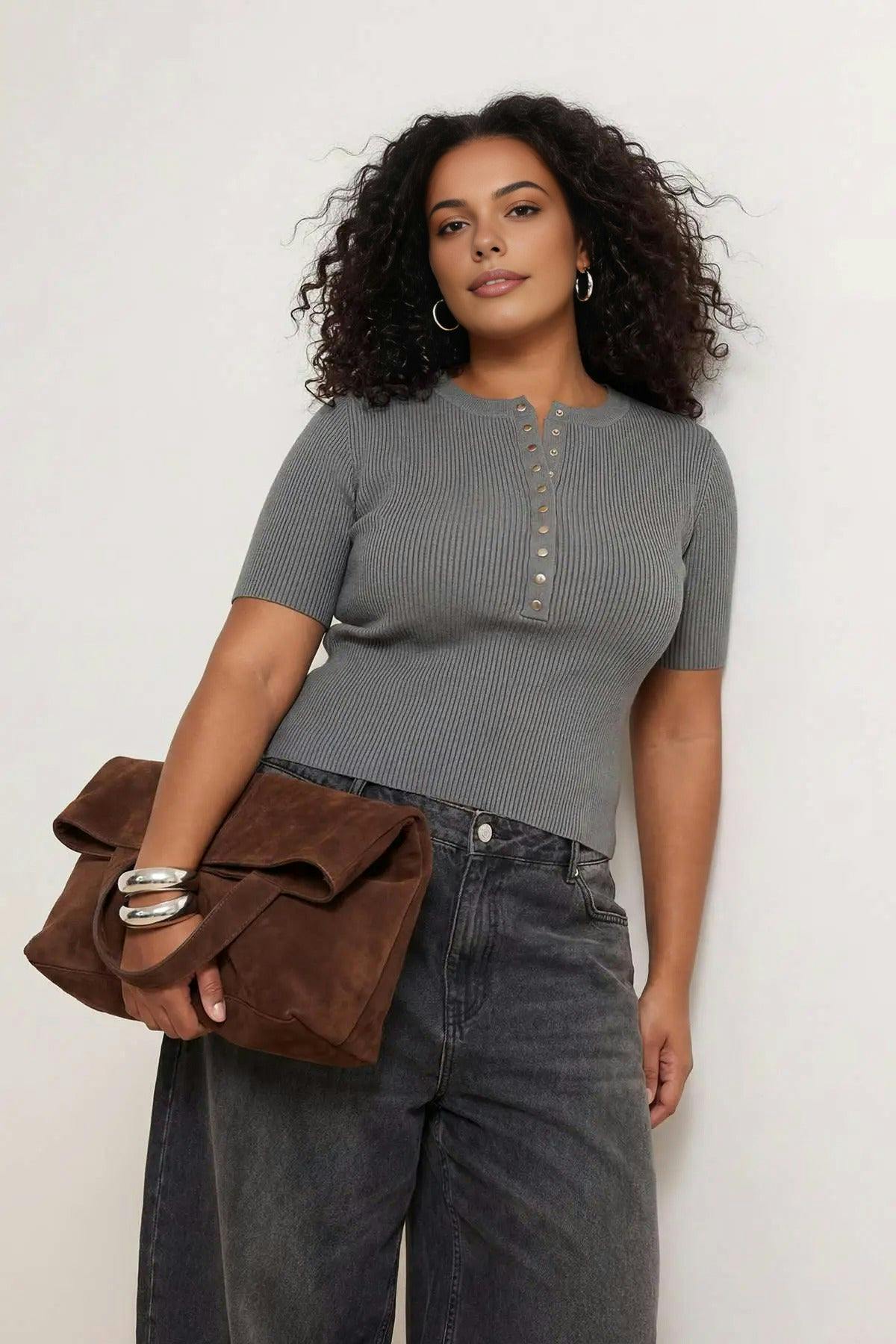 Wovcor Dark/Grey Snap Button Detail Ribbed Summer Knit Blouse - 2XL