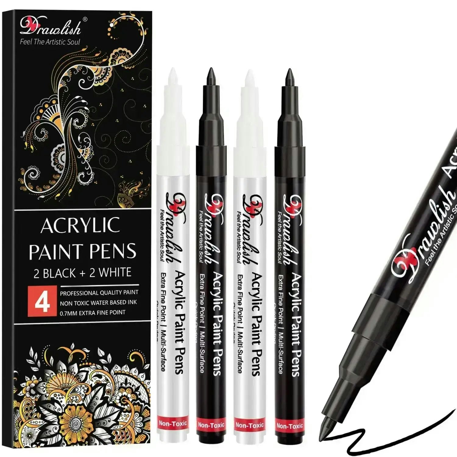 Drawlish Black/White 2 Paint Pens & 2 Marker Pens - Set Of 4 Acrylic Pens