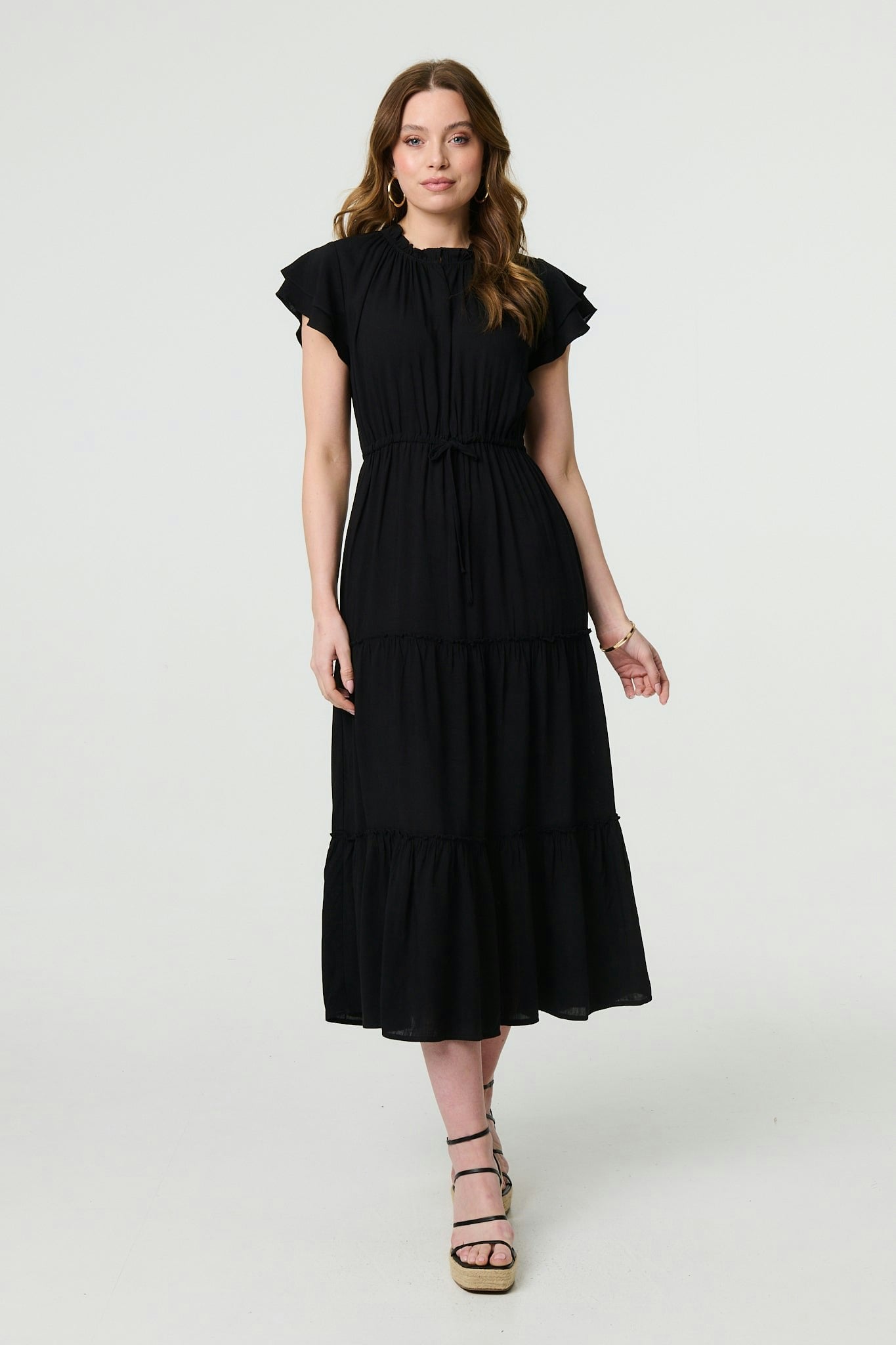 Izabel London Black Ruched Tiered Cap Sleeve Midi Dress - 16