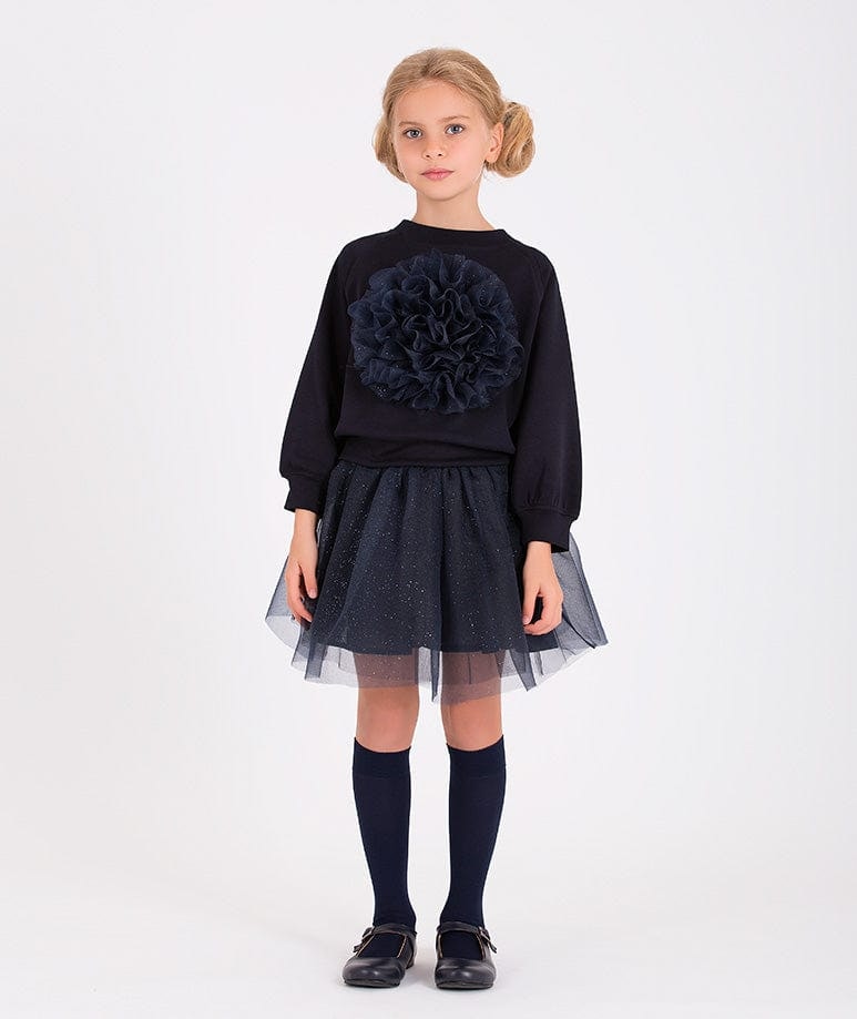 Mama Luma Girls Blue Organza Flower Skirt In Navy - 9 - 10 Yrs