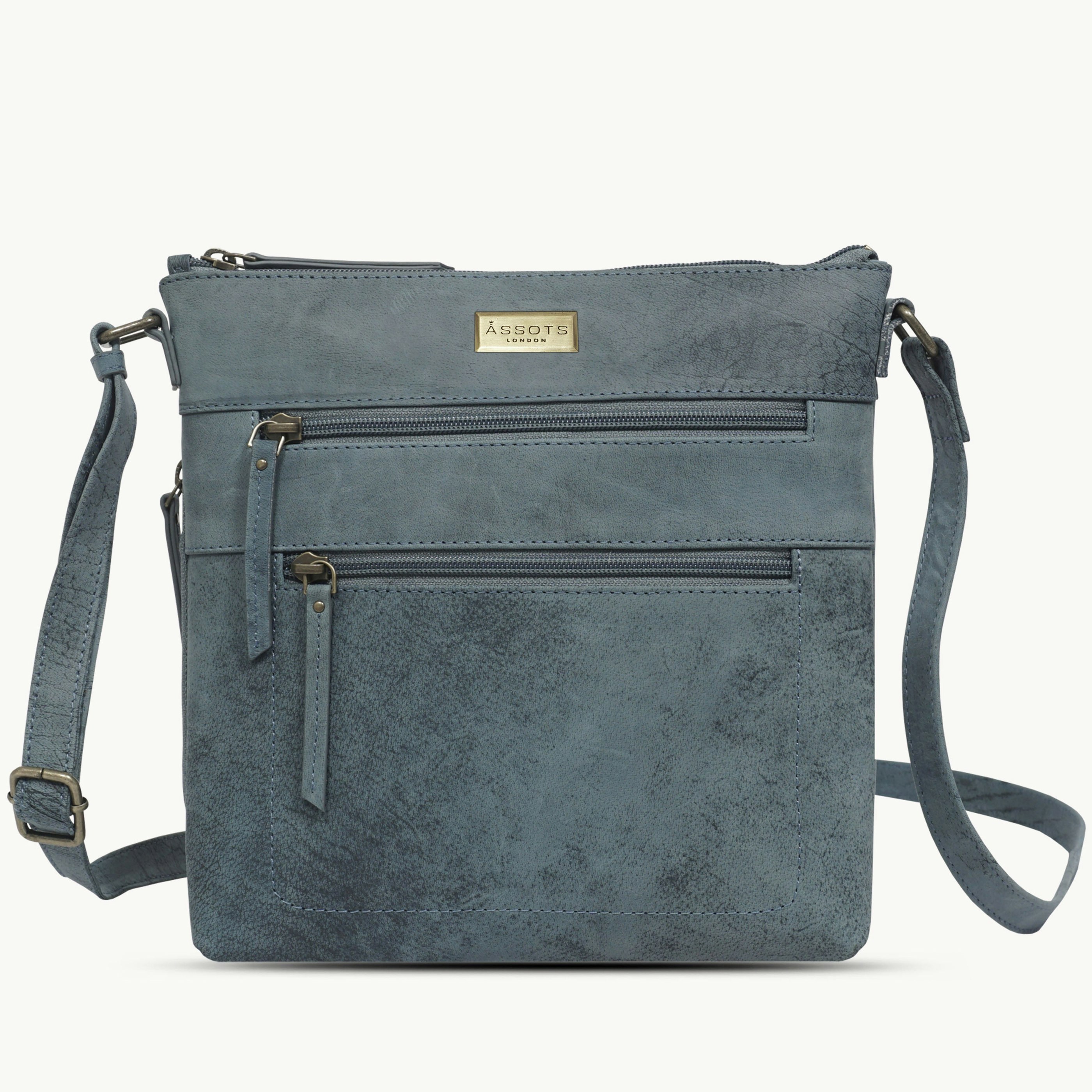 Assots London Cream 'Cori' Denim Distressed Real Leather Crossbody Bag