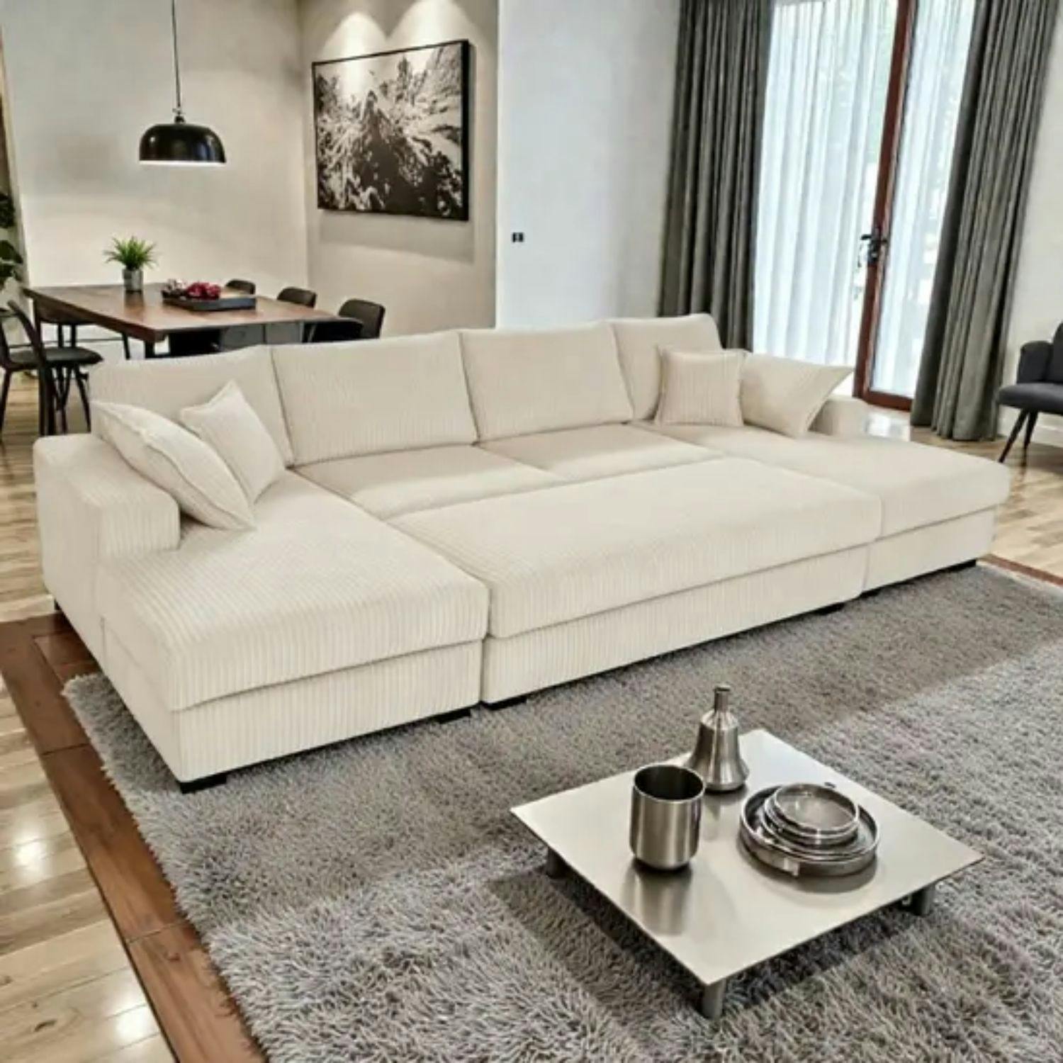 Snug Furniture Cream Large Spacious Double Corner Sofa With Footstool Jumbo Cord