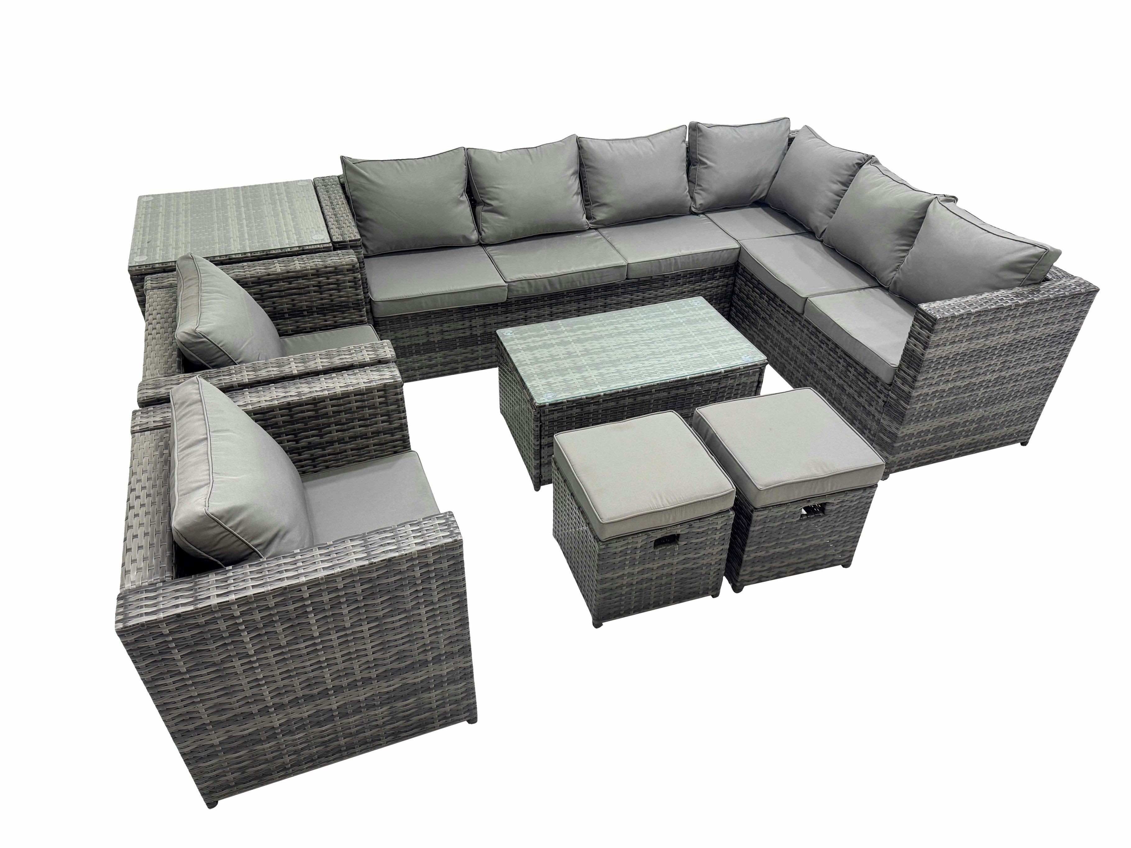 Rackhams Dark/Grey Patio Sofa Oblong Coffee Table Set Rattan Garden Furniture Set With 2 Chairs 2 Small Stools Side Table Mixed
