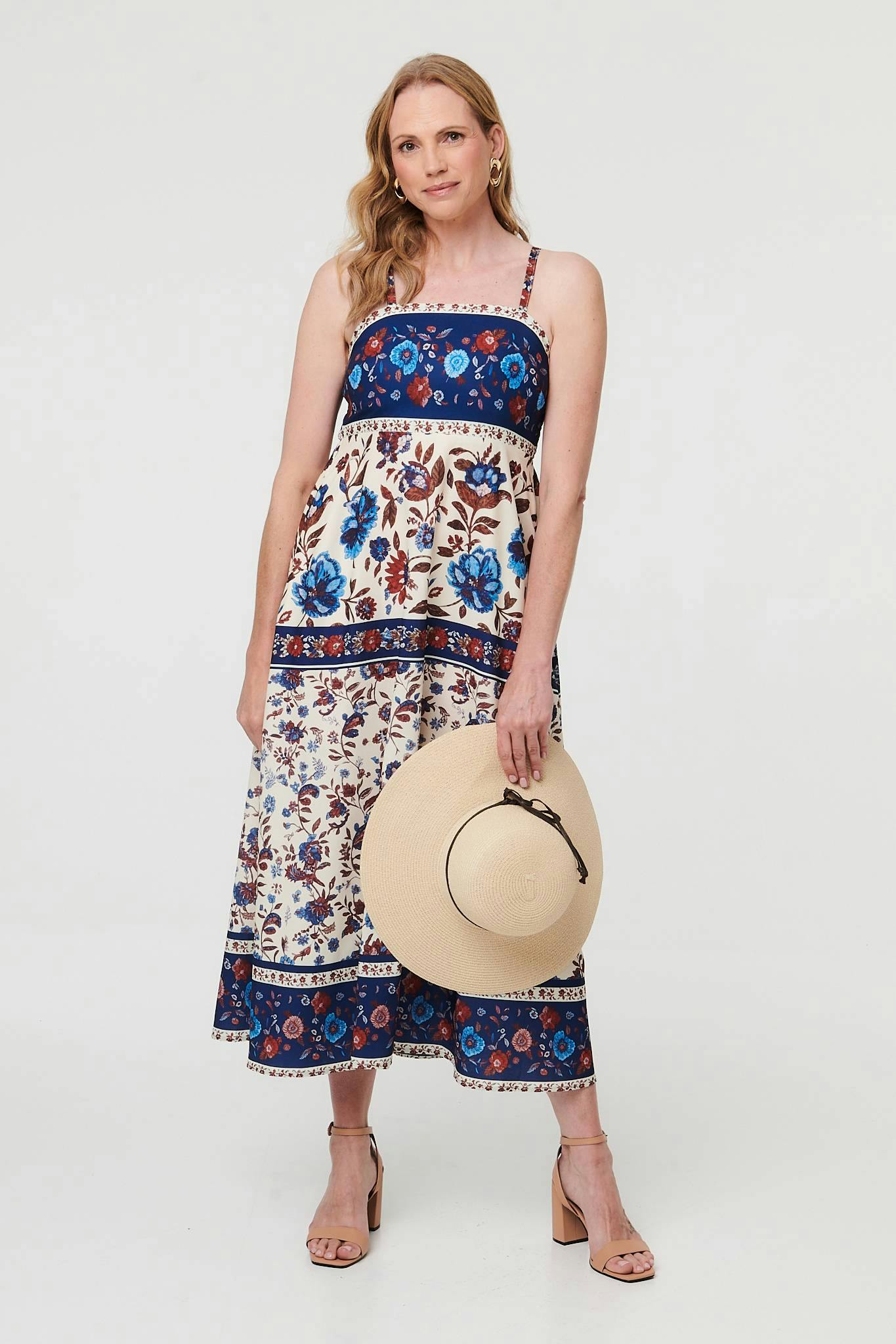 Izabel London Floral Border Sleeveless Cami Midi Dress - 12 - Navy