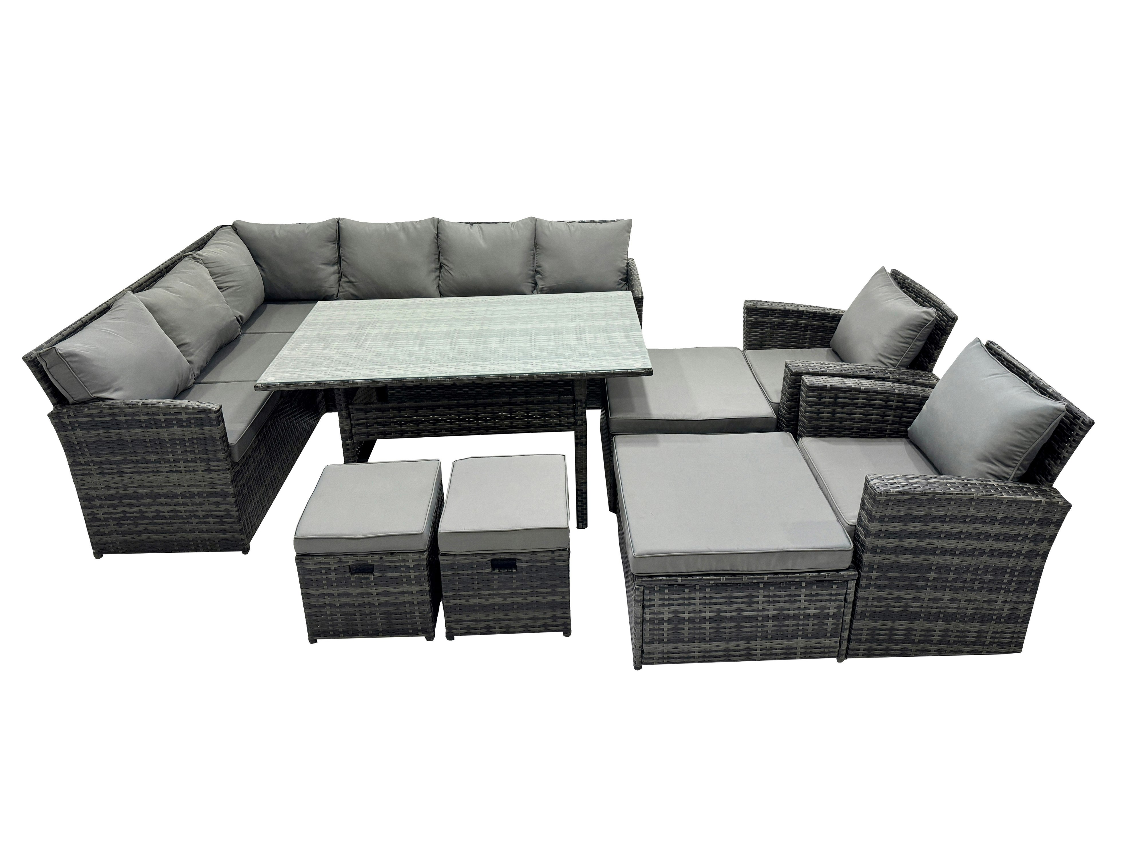 Fimous Dark/Grey 12 Seat Poly Rattan Outdoor Patio Dining Table Corner Sofa Set With 4 Stool 2 Chairs For Garden Backyard Mixed