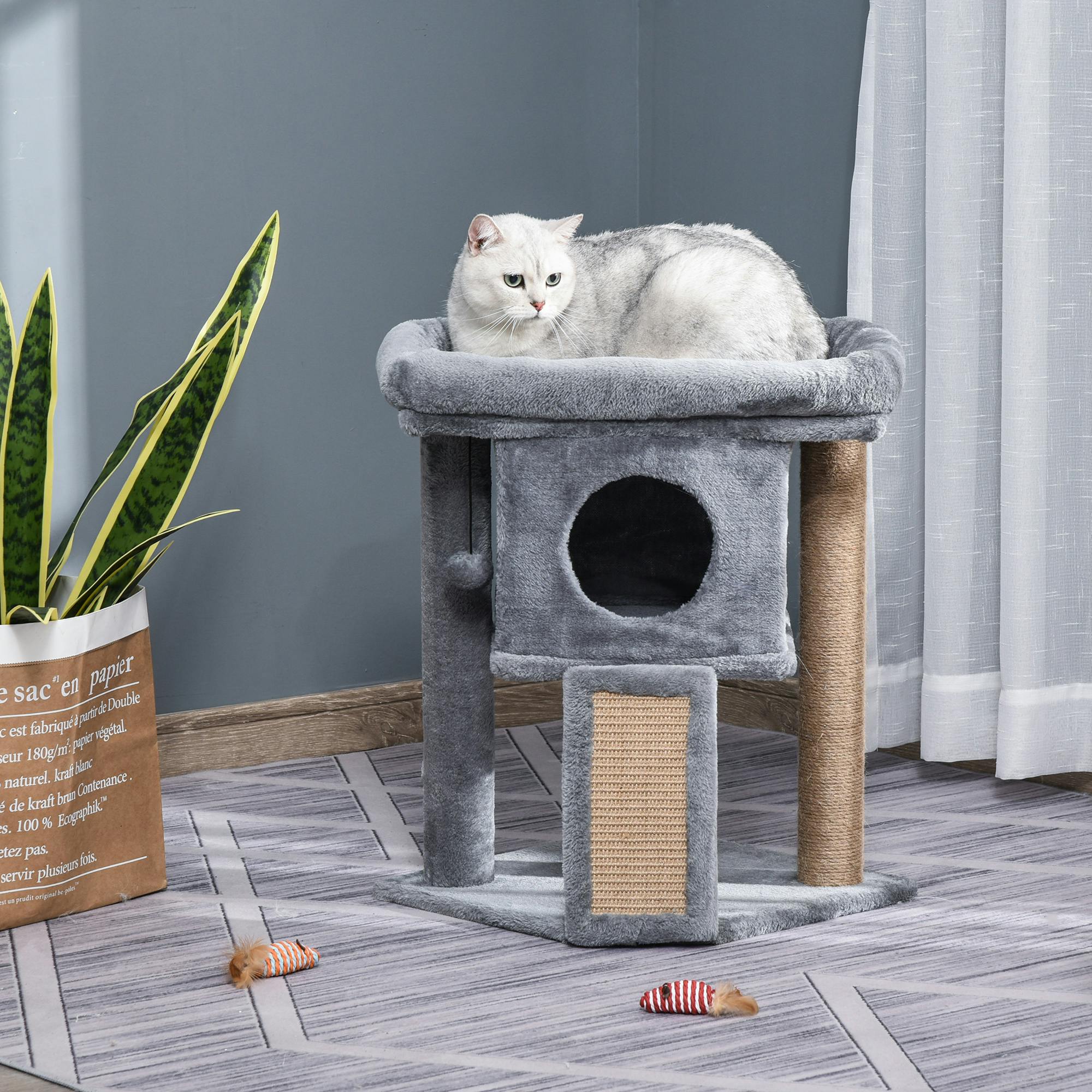 Pawhut Grey Cat Tree Activity Centre W/ Scratching Pad, Toy Ball, Cat House