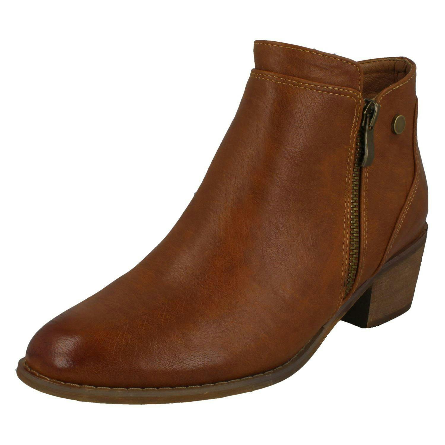 Spot On Women's Mid Heel Ankle Boots F51137 - Tan - Uk 6
