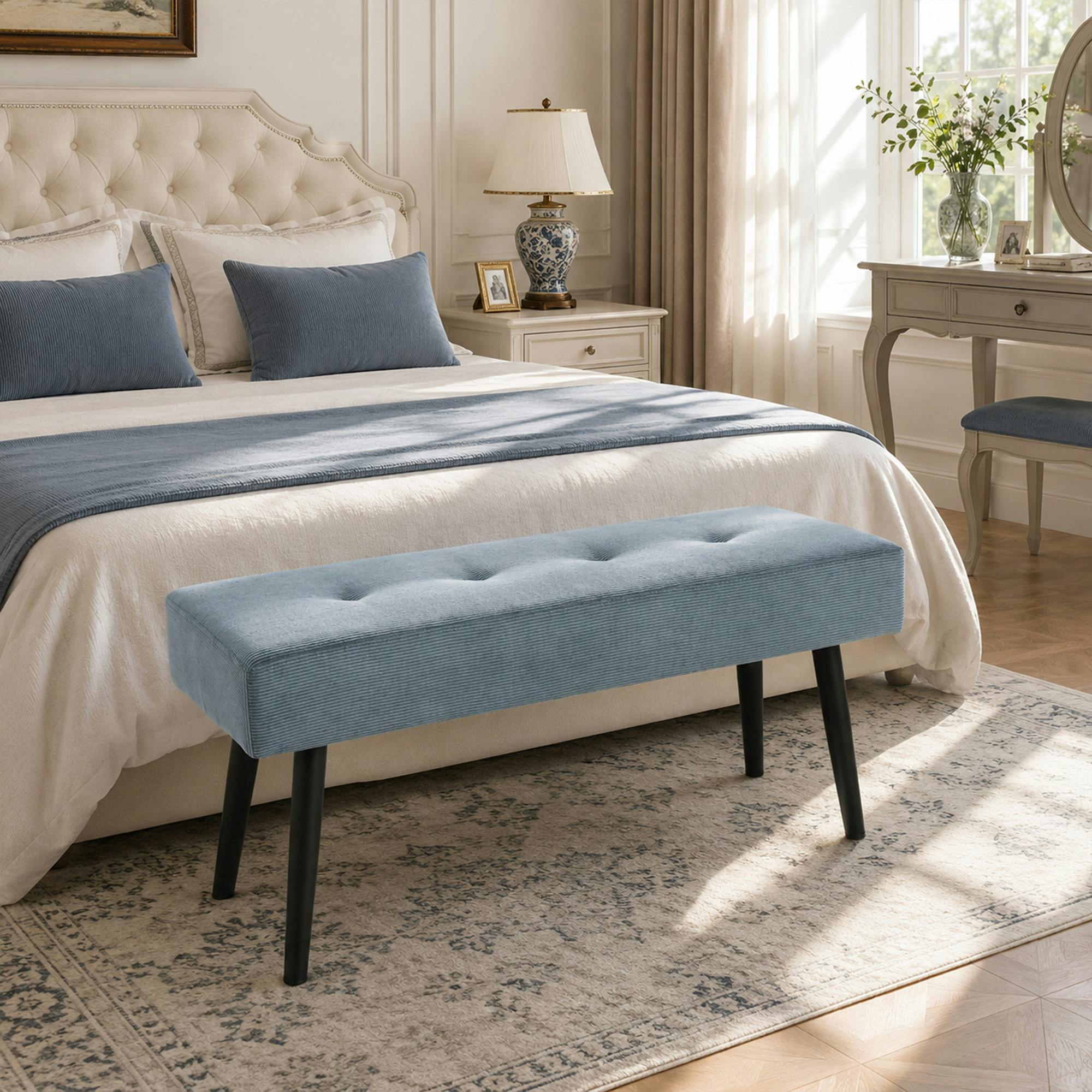 Rackhams Blue Upholstered Bedroom Entryway End Of Bed Bench With Padded Seat, - 100