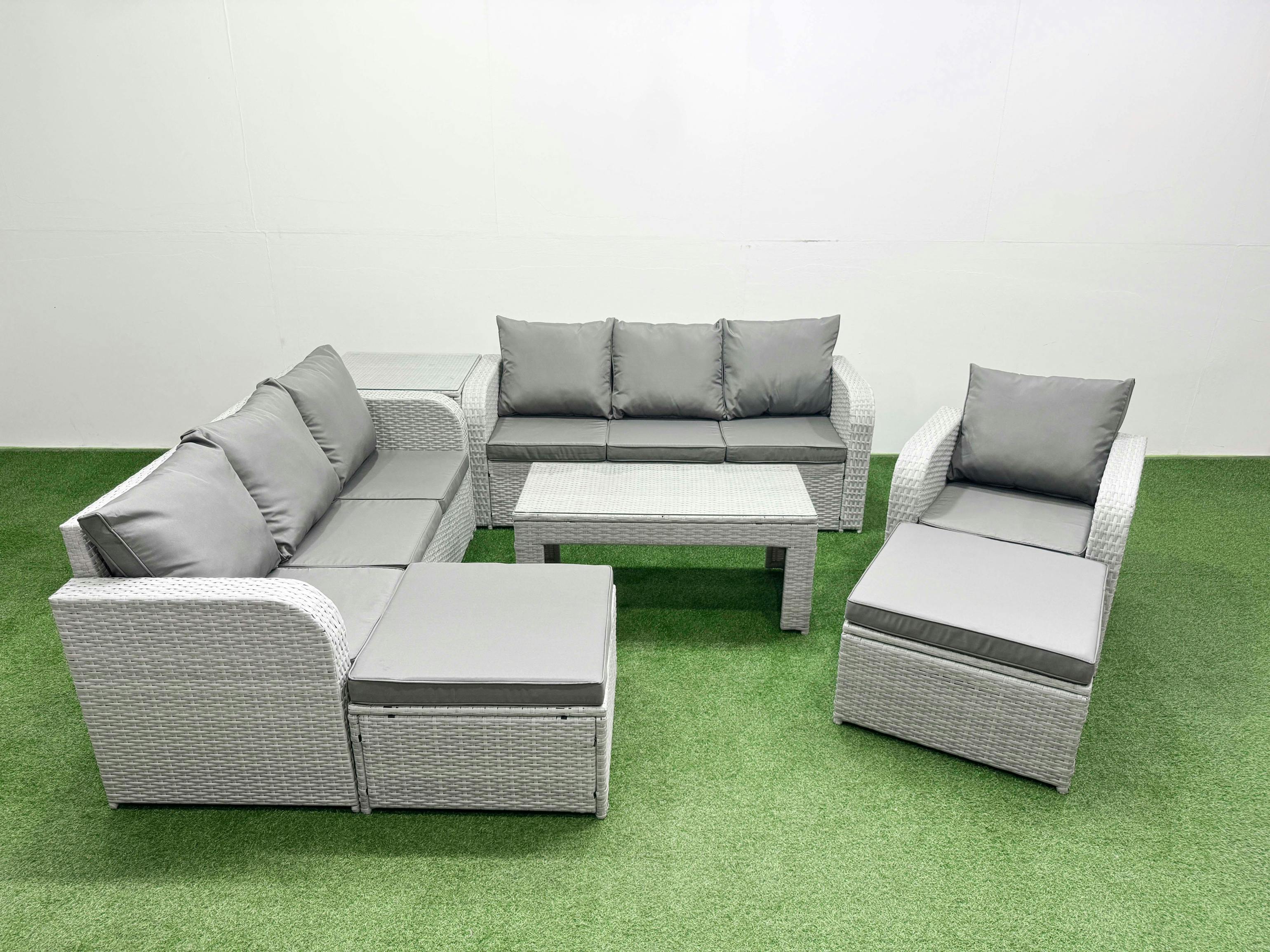 Fimous Light/Grey/Dark 9 Seater Patio Sofa Set, Poly Rattan Garden Furniture, Coffee Table, 2X 3 Seater Sofa, Reclining Chair, 2 Big Footstools And Side Table