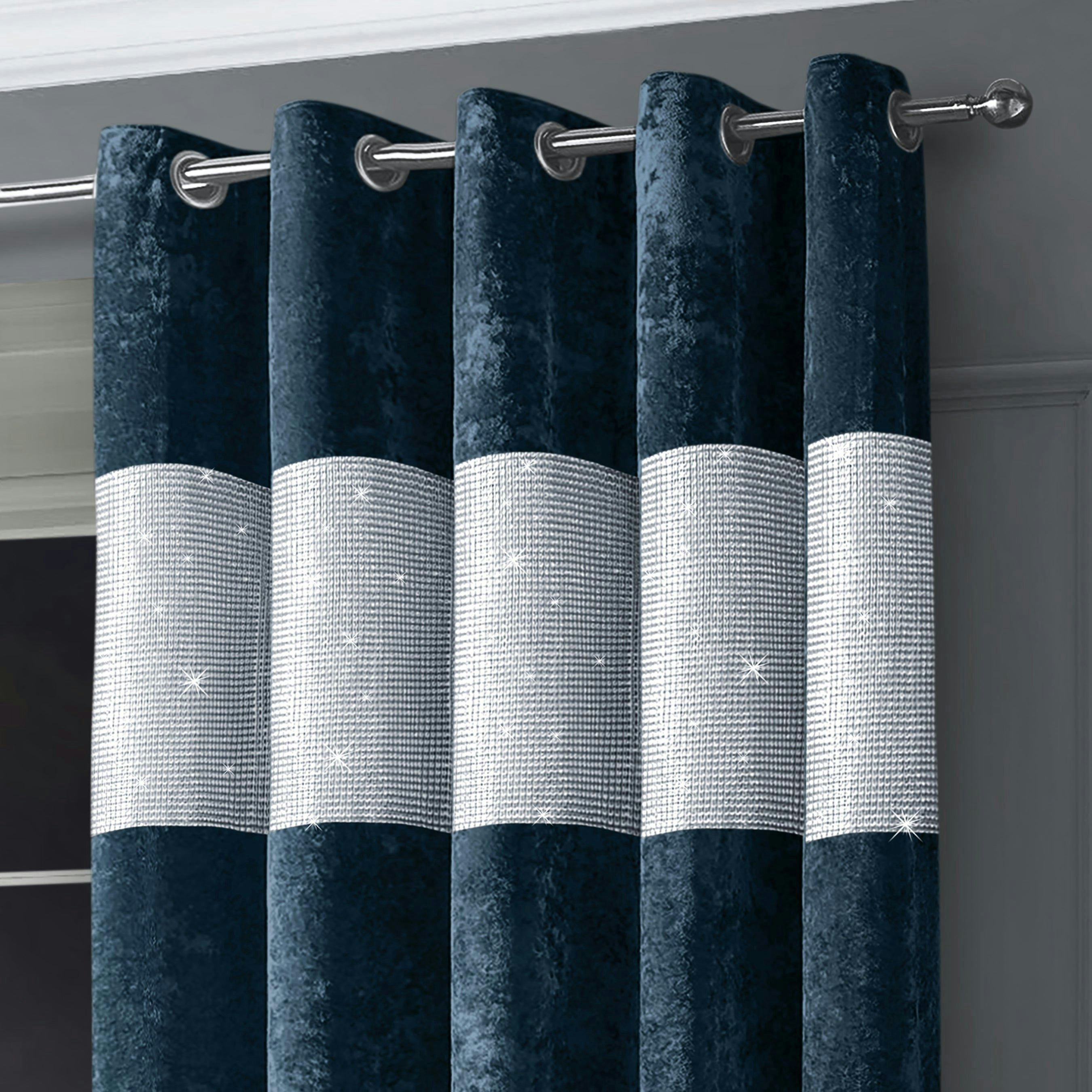 Intimates Diamante Crushed Velvet Ready Made Eyelet Curtains - 168Cm X 183Cm - Navy