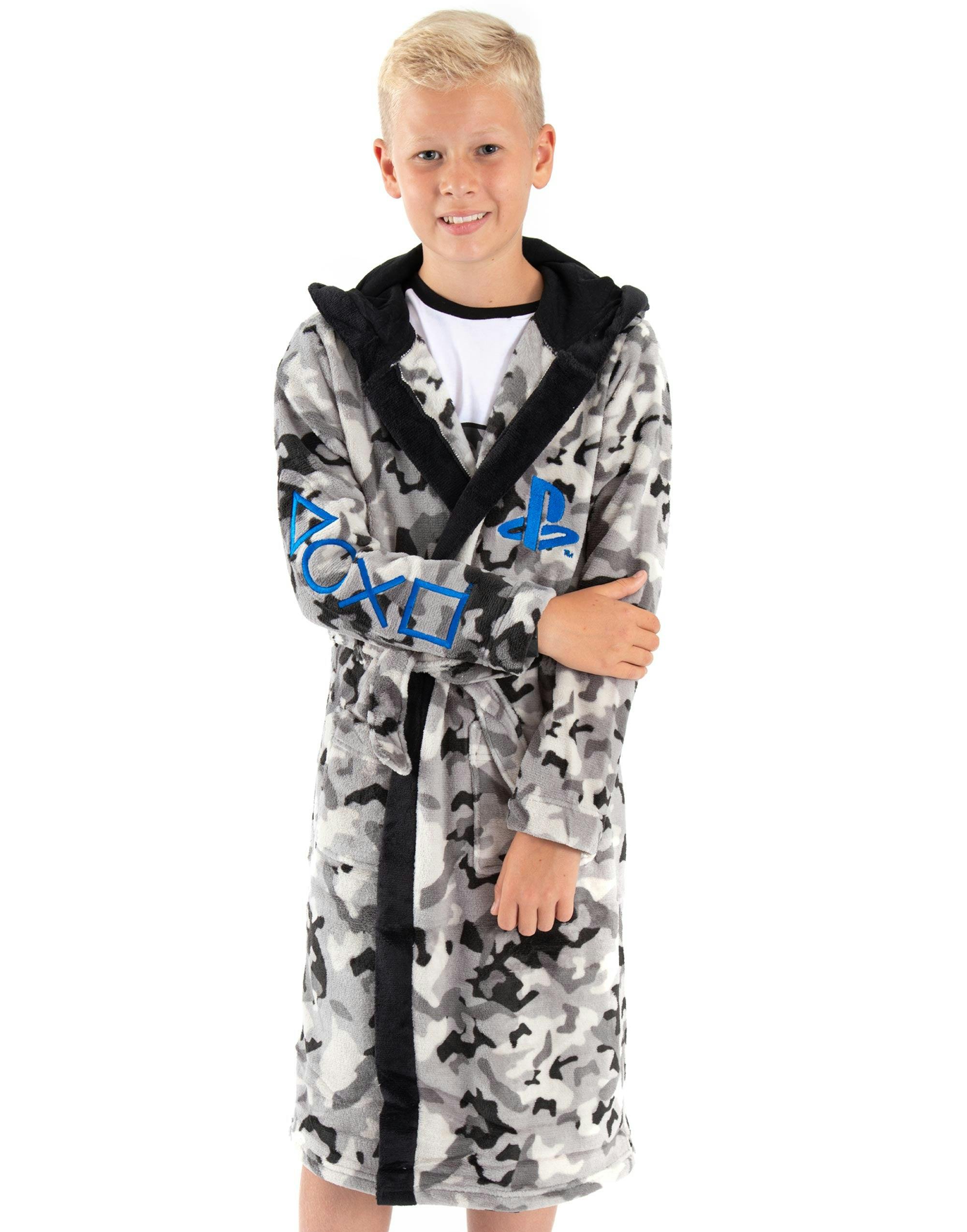Vanilla Underground Boys Grey Playstation Logo Camo Print Bathrobe - 11-12 Years