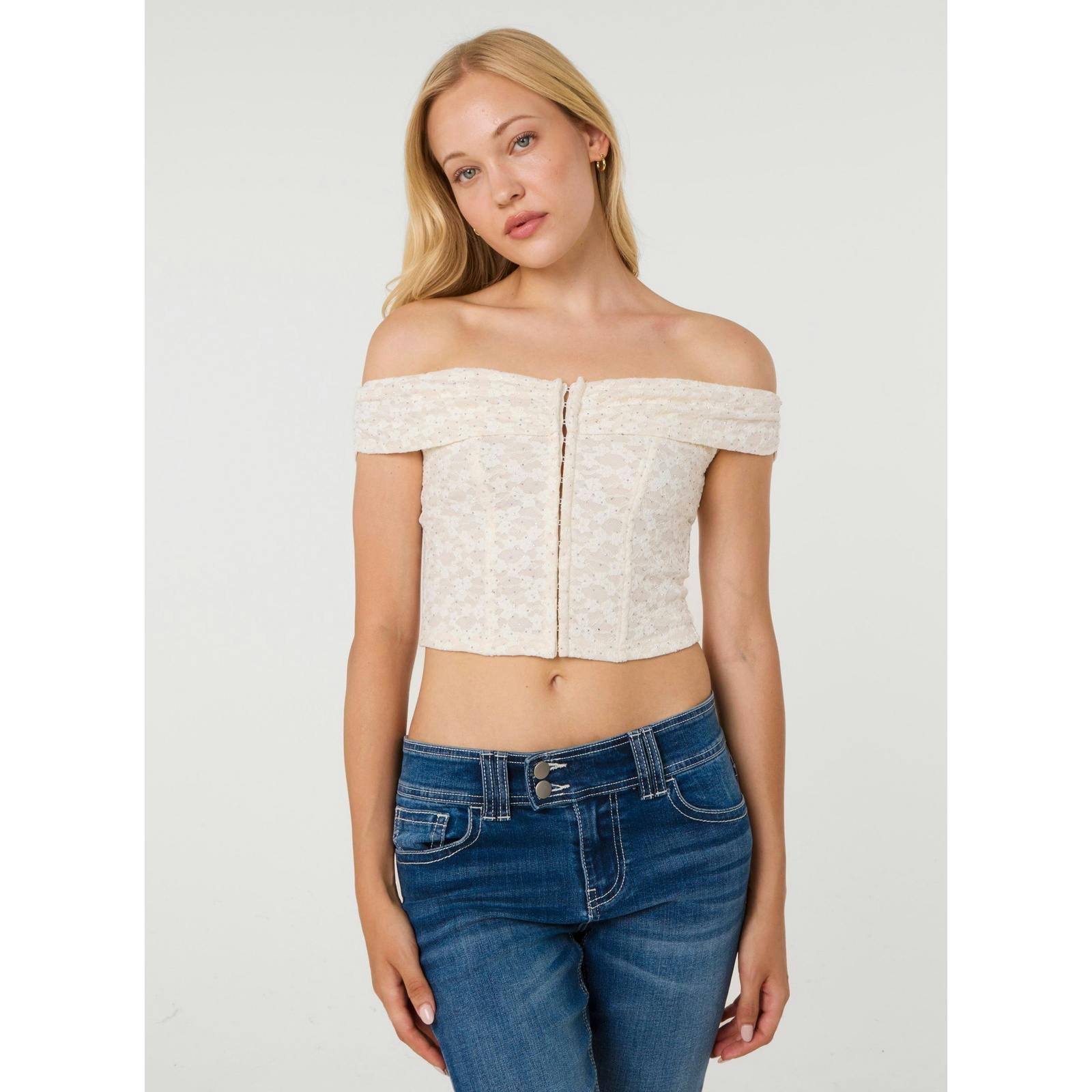 Pink Vanilla Pink/Ivory Vanilla Diamante Lace Corset Bardot Top - S