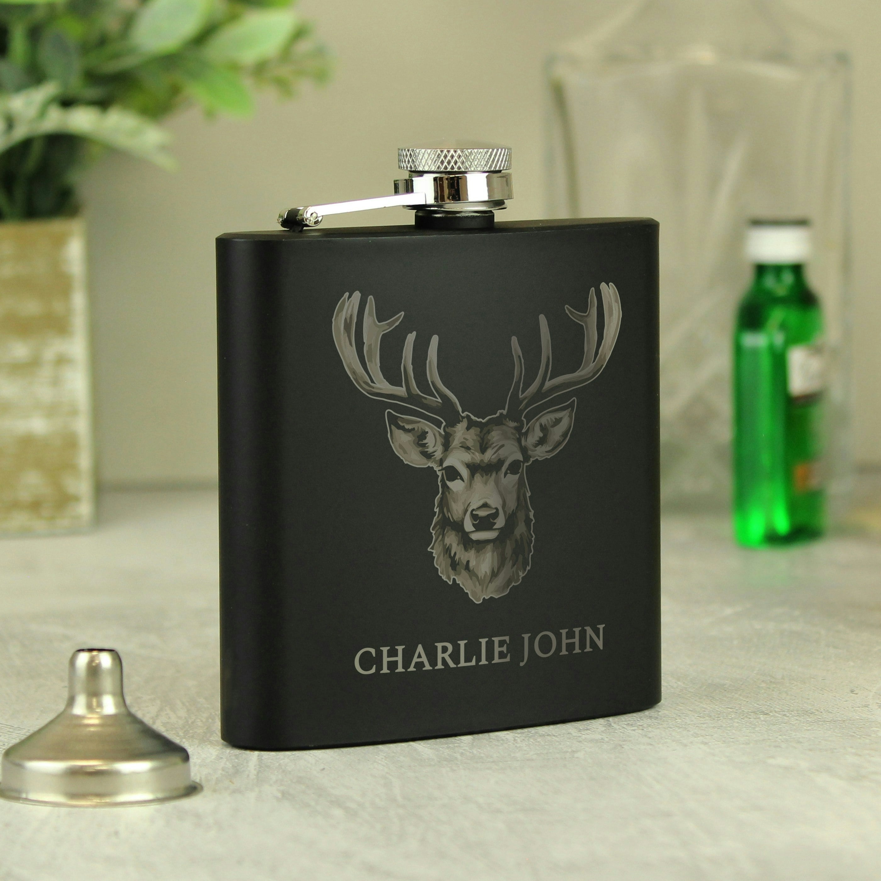 Rackhams Black Personalised Stag Hip Flask