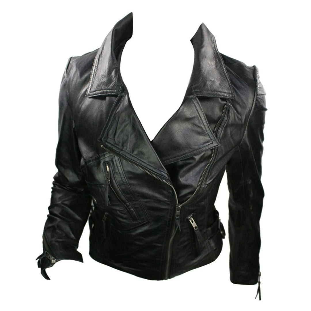 Aviatrix Women's Black 100% Leather Jacket Short Fitted Bikers Rock - Uk 18